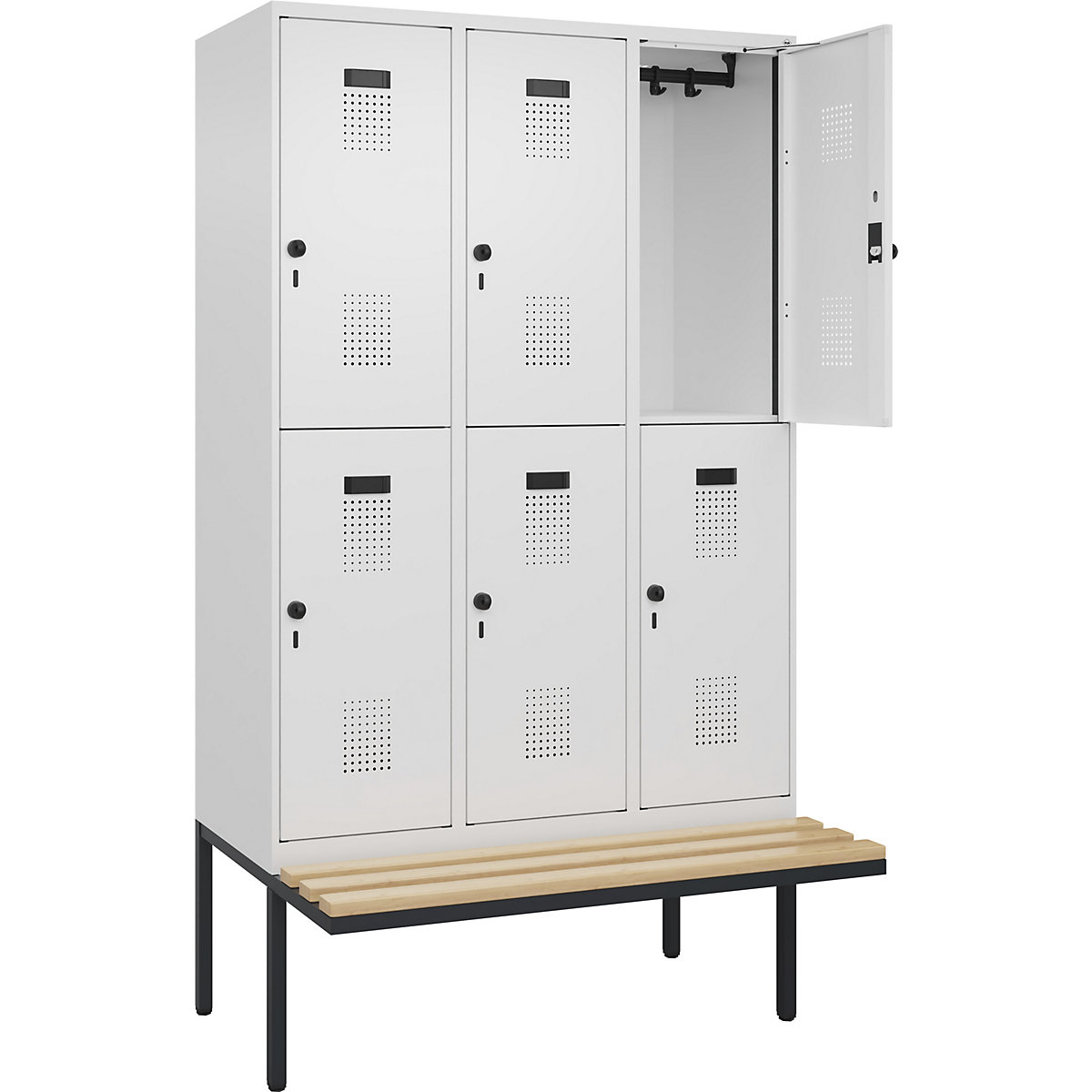Cacifo de dois andares Evolo PLUS com banco, 3 compartimentos, branco, L 1200 mm, trinco de segurança rotativo, com banco saliente, faia-0