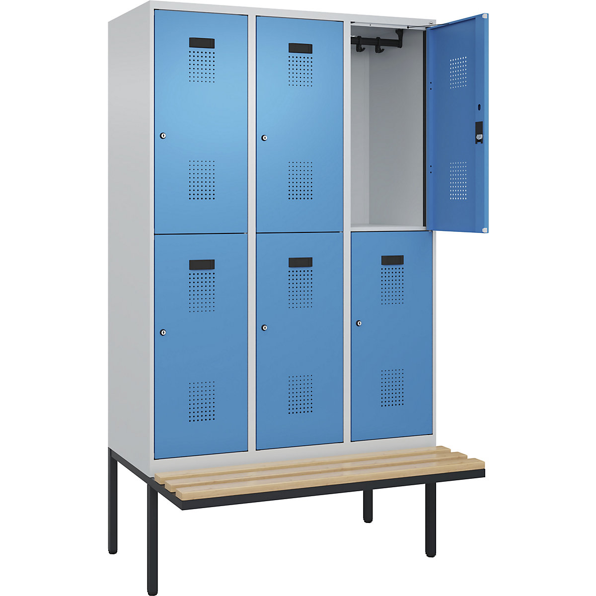 Cacifo de dois andares Evolo PLUS com banco, 3 compartimentos, cinzento claro/azul claro, L 1200 mm, fechadura de cilindro, com banco saliente, faia-0