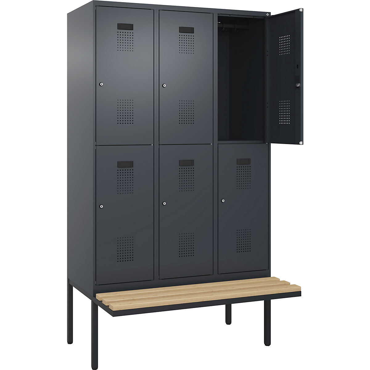 Cacifo de dois andares Evolo PLUS com banco, 3 compartimentos, cinzento, L 1200 mm, fechadura de cilindro, com banco saliente, faia-0