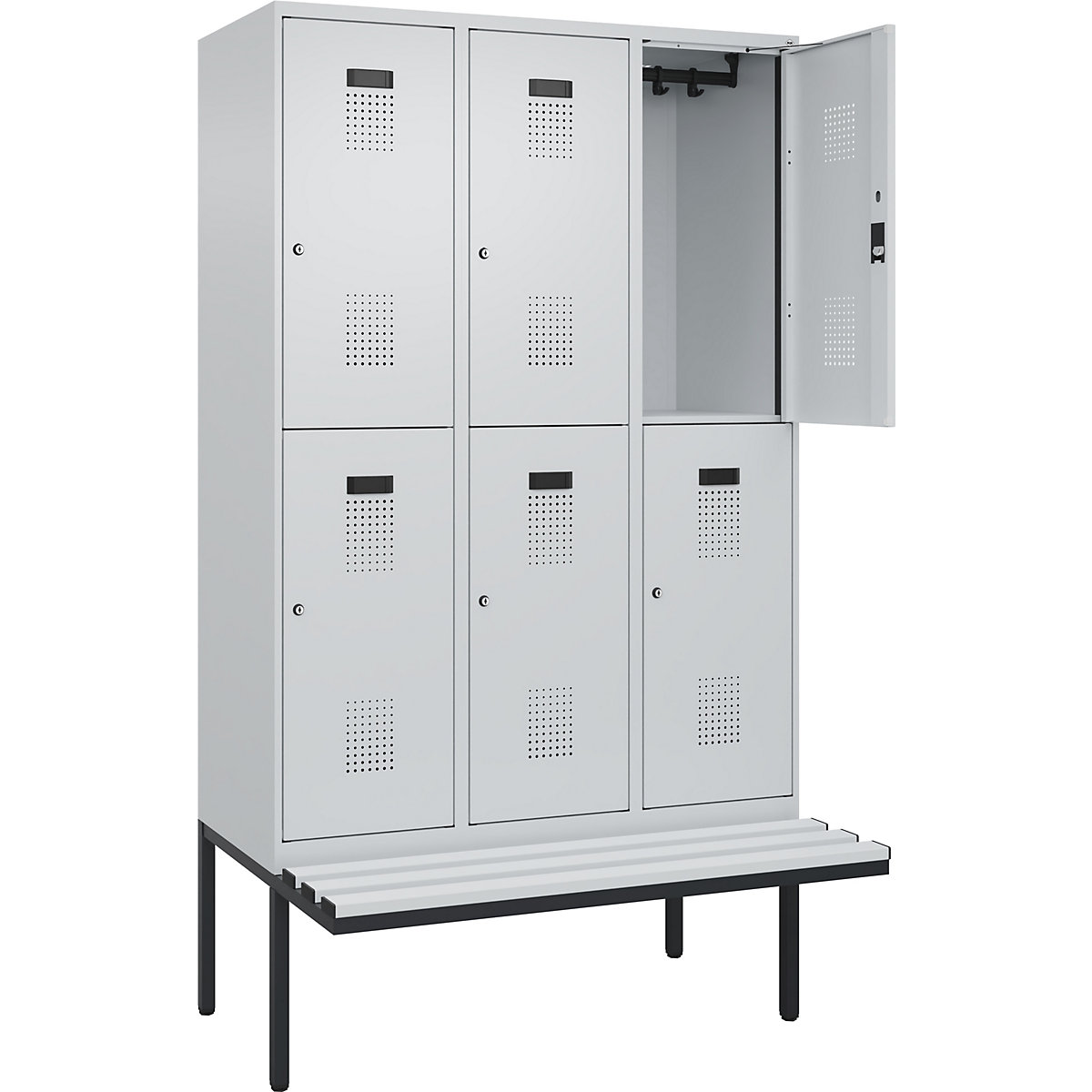 Cacifo de dois andares Evolo PLUS com banco, 3 compartimentos, cinzento claro/cinzento claro, L 1200 mm, fechadura de cilindro, com banco saliente, plástico-0