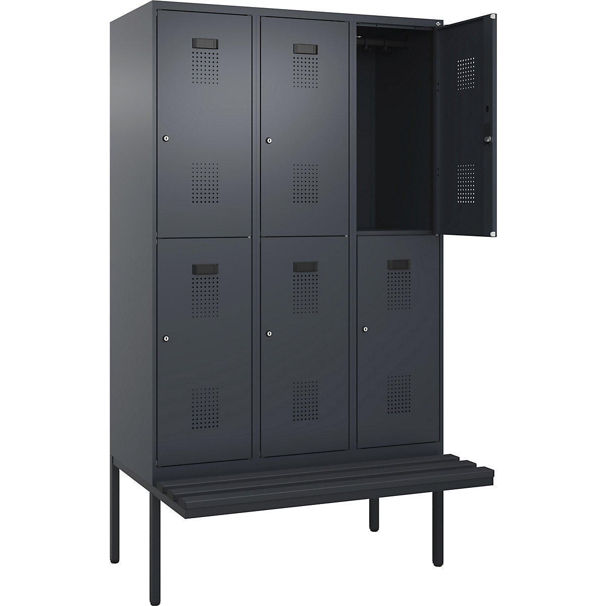 Cacifo de dois andares Evolo PLUS com banco, 3 compartimentos, cinzento, L 1200 mm, fechadura de cilindro, com banco saliente, plástico-0