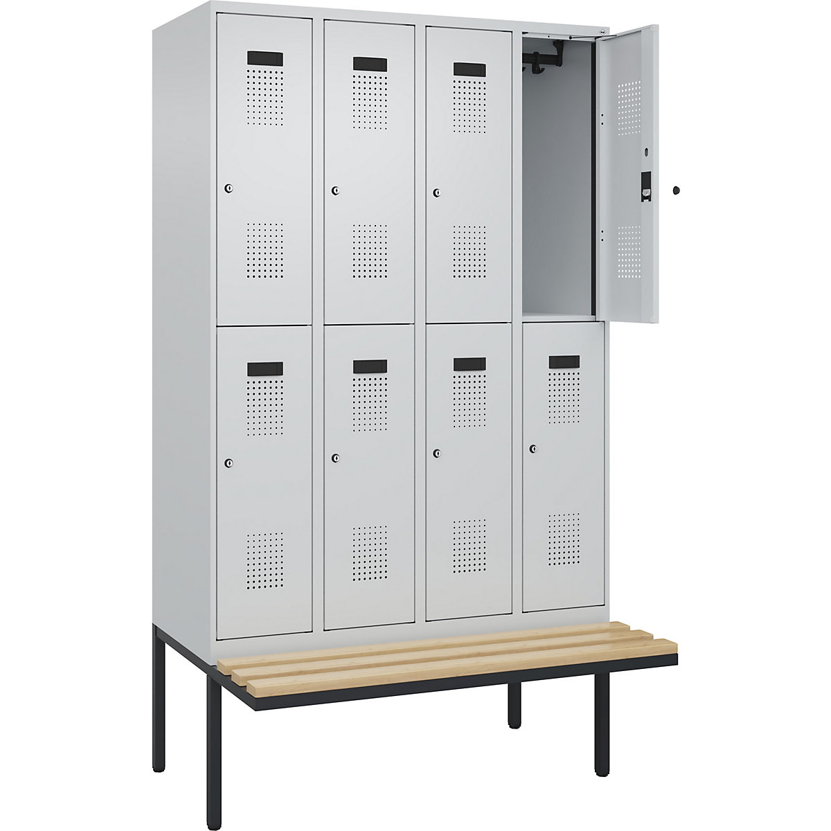 Cacifo de dois andares Evolo PLUS com banco, 4 compartimentos, cinzento claro/cinzento claro, L 1200 mm, fechadura de cilindro, com banco saliente, faia-0