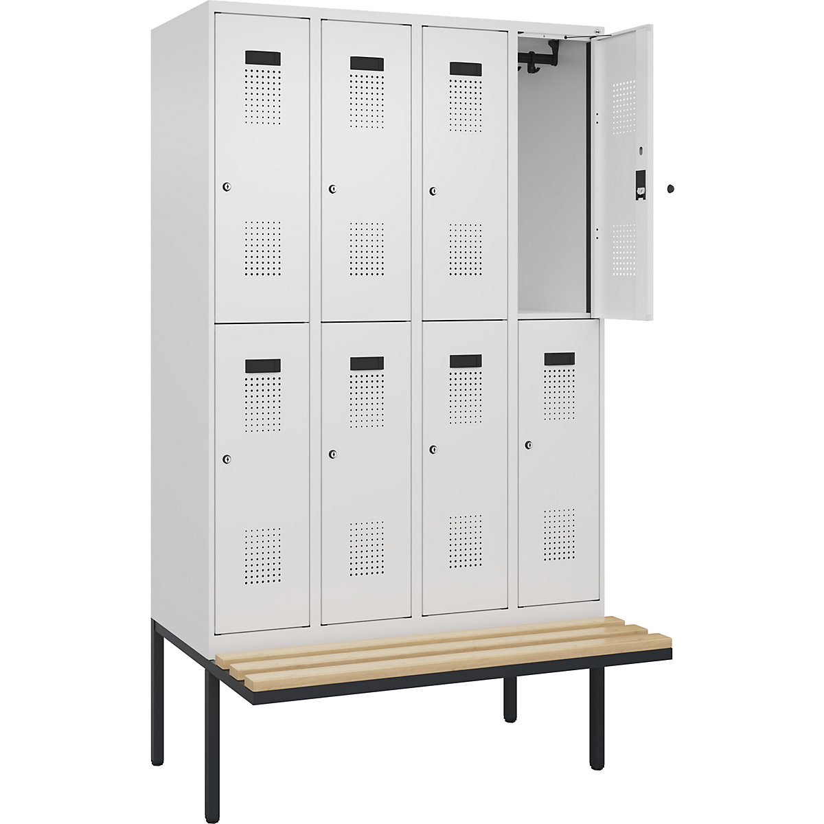 Cacifo de dois andares Evolo PLUS com banco, 4 compartimentos, branco, L 1200 mm, fechadura de cilindro, com banco saliente, faia-0