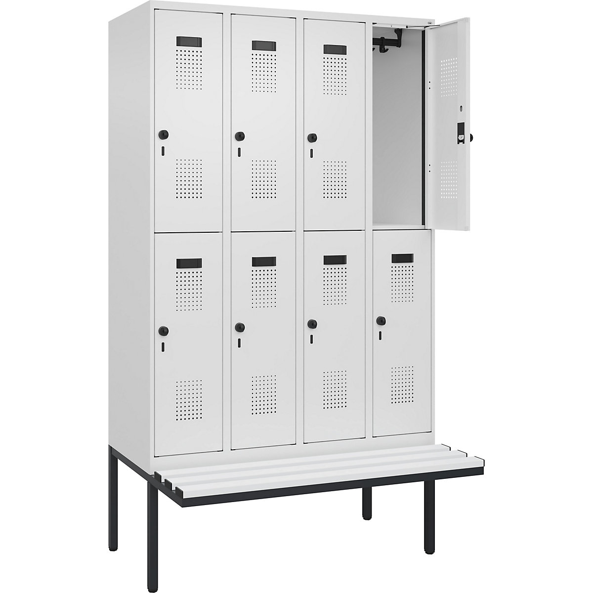 Cacifo de dois andares Evolo PLUS com banco, 4 compartimentos, branco, L 1200 mm, trinco de segurança rotativo, com banco saliente, plástico-0