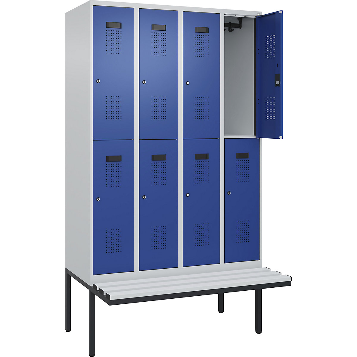Cacifo de dois andares Evolo PLUS com banco, 4 compartimentos, cinzento claro/azul genciana, L 1200 mm, fechadura de cilindro, com banco saliente, plástico-0