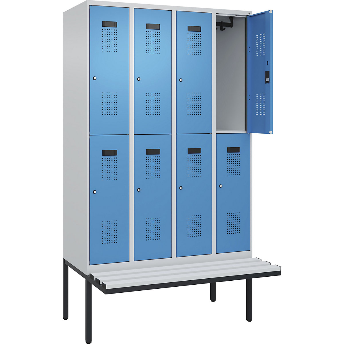 Cacifo de dois andares Evolo PLUS com banco, 4 compartimentos, cinzento claro/azul claro, L 1200 mm, fechadura de cilindro, com banco saliente, plástico-0