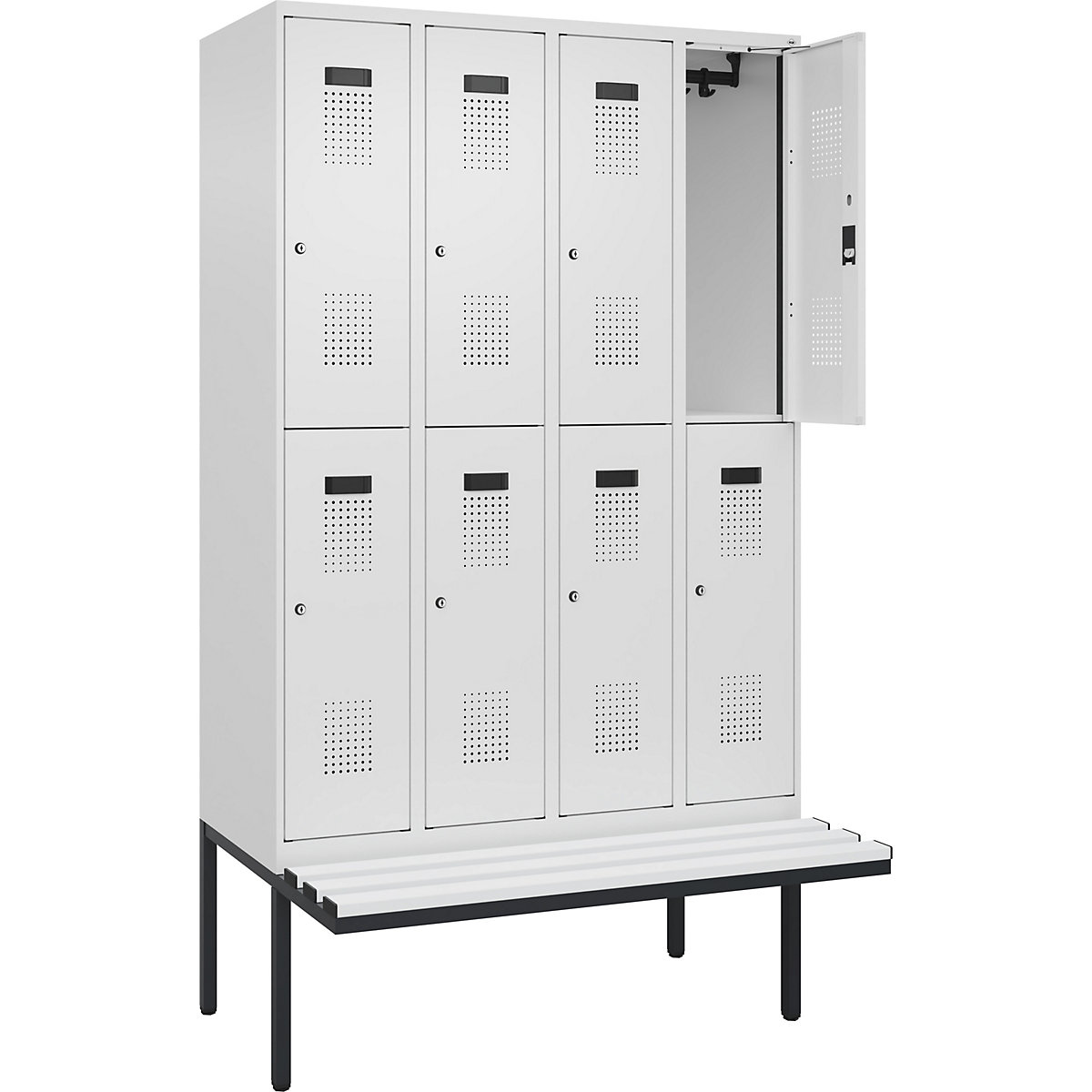 Cacifo de dois andares Evolo PLUS com banco, 4 compartimentos, branco, L 1200 mm, fechadura de cilindro, com banco saliente, plástico-0
