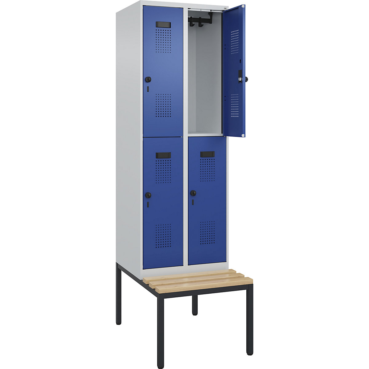 Cacifo de dois andares Evolo PLUS com banco, 2 compartimentos, cinzento claro/azul genciana, L 600 mm, trinco de segurança rotativo, com banco incorporado, faia-0