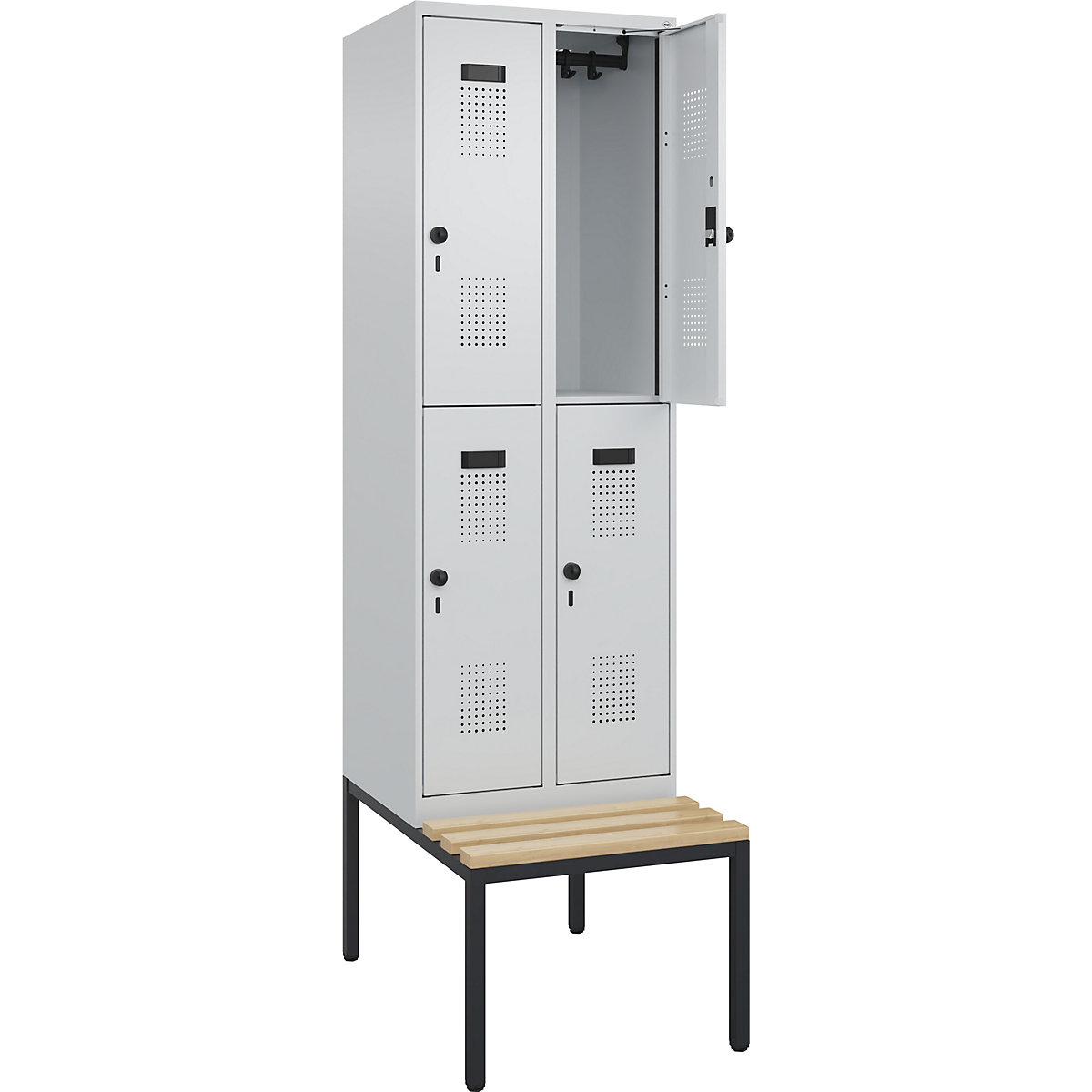 Cacifo de dois andares Evolo PLUS com banco, 2 compartimentos, cinzento claro/cinzento claro, L 600 mm, trinco de segurança rotativo, com banco incorporado, faia-0