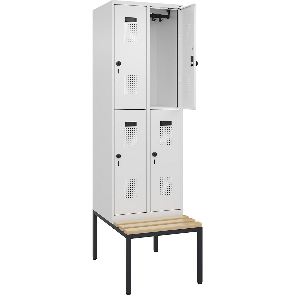 Cacifo de dois andares Evolo PLUS com banco, 2 compartimentos, branco, L 600 mm, trinco de segurança rotativo, com banco incorporado, faia-0