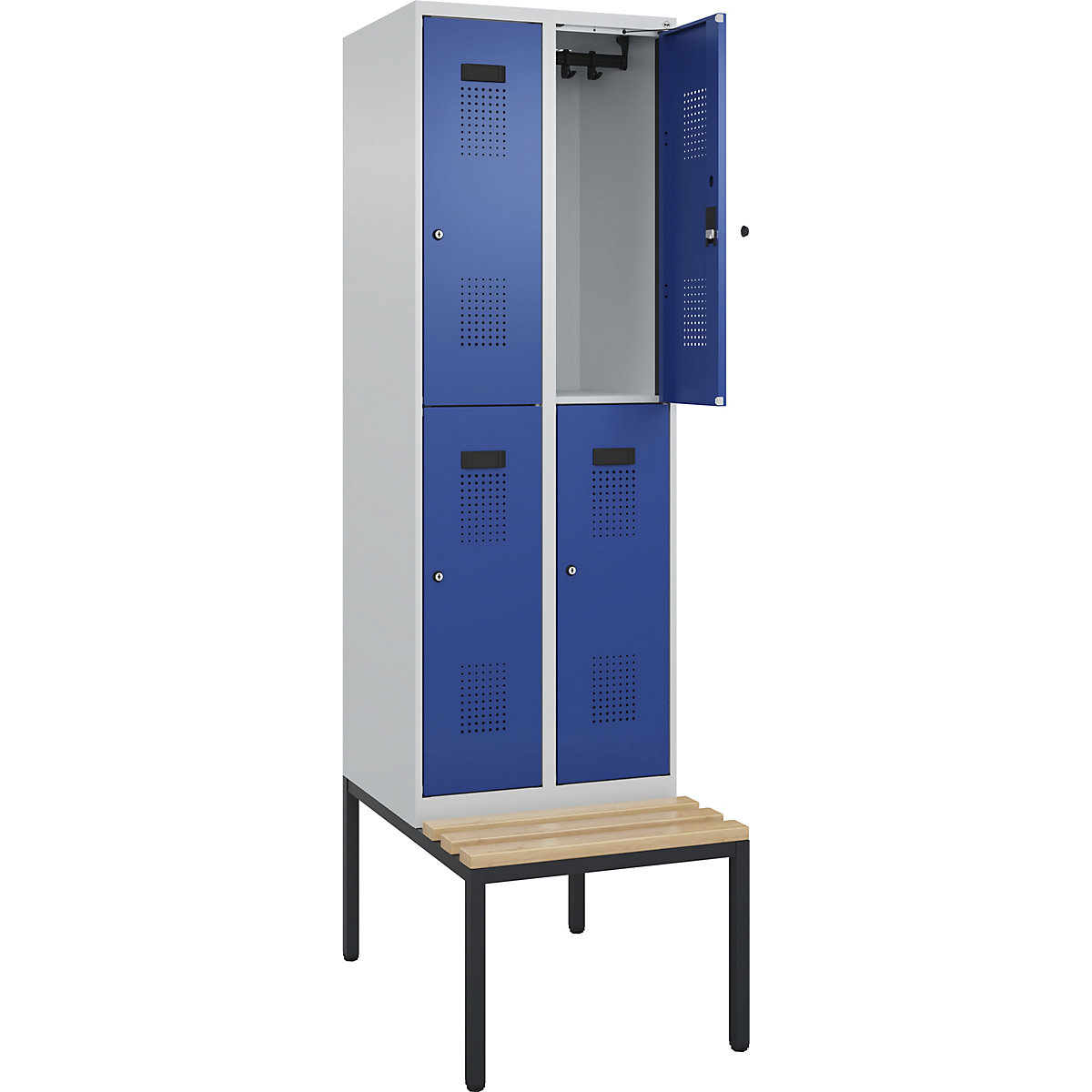 Cacifo de dois andares Evolo PLUS com banco, 2 compartimentos, cinzento claro/azul genciana, L 600 mm, fechadura de cilindro, com banco incorporado, faia-0