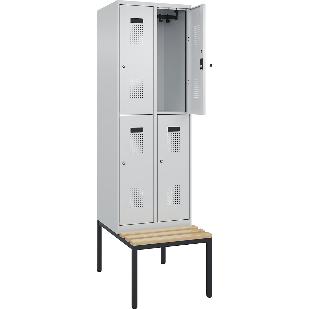 Cacifo de dois andares Evolo PLUS com banco, 2 compartimentos, cinzento claro/cinzento claro, L 600 mm, fechadura de cilindro, com banco incorporado, faia-0