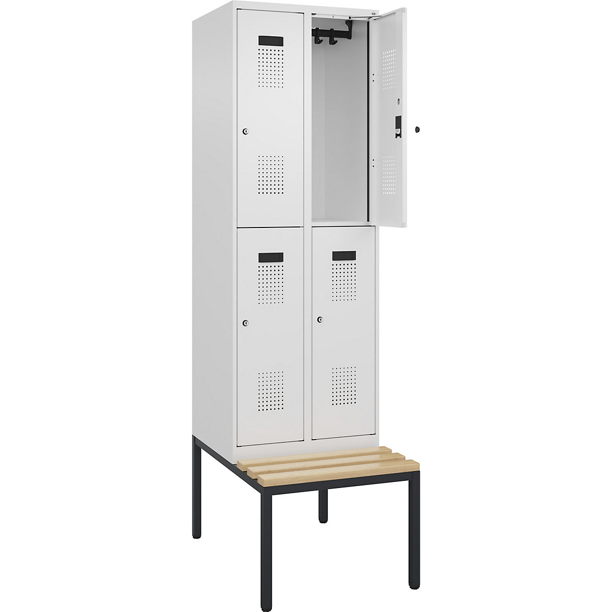 Cacifo de dois andares Evolo PLUS com banco, 2 compartimentos, branco, L 600 mm, fechadura de cilindro, com banco incorporado, faia-0