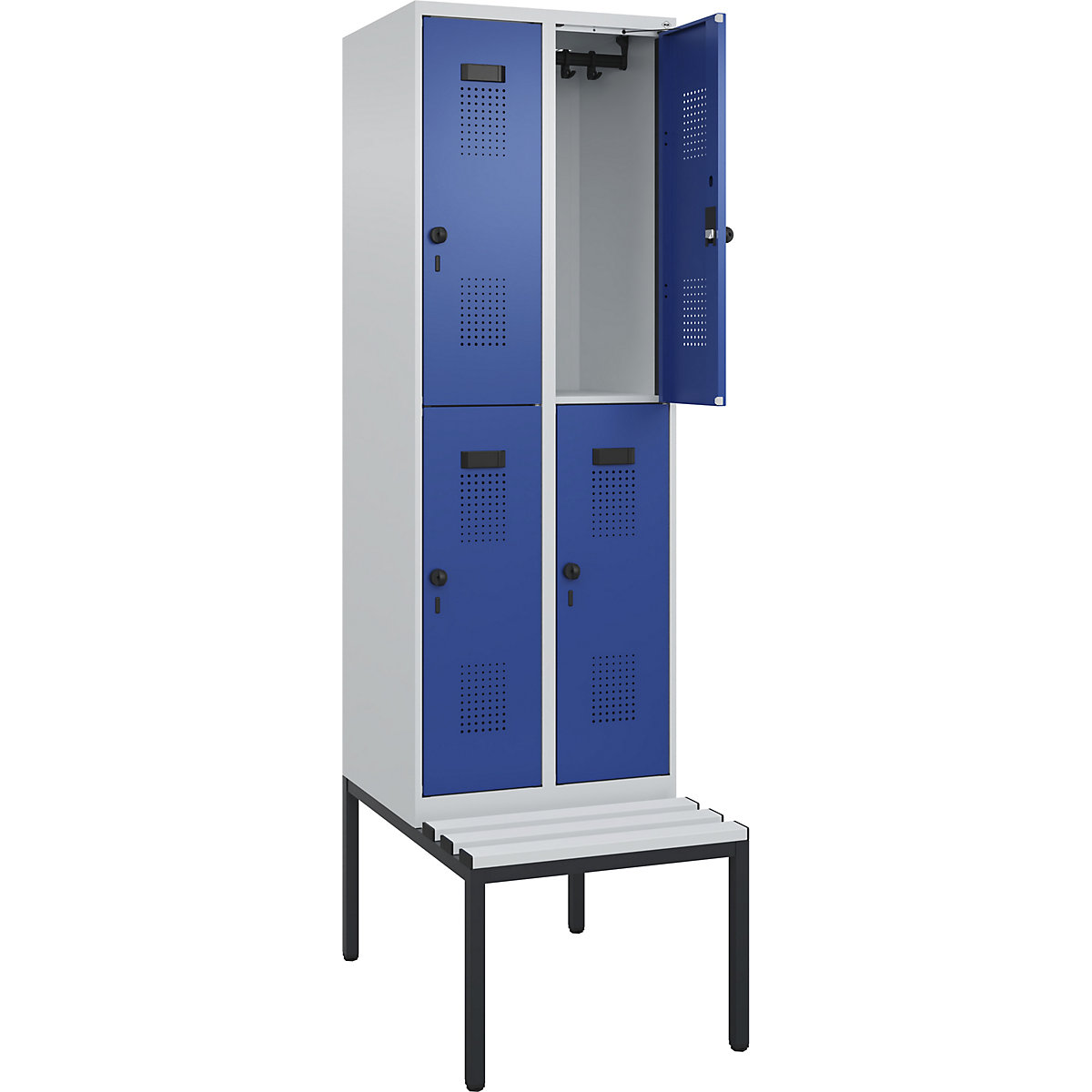 Cacifo de dois andares Evolo PLUS com banco, 2 compartimentos, cinzento claro/azul genciana, L 600 mm, trinco de segurança rotativo, com banco incorporado, plástico-0