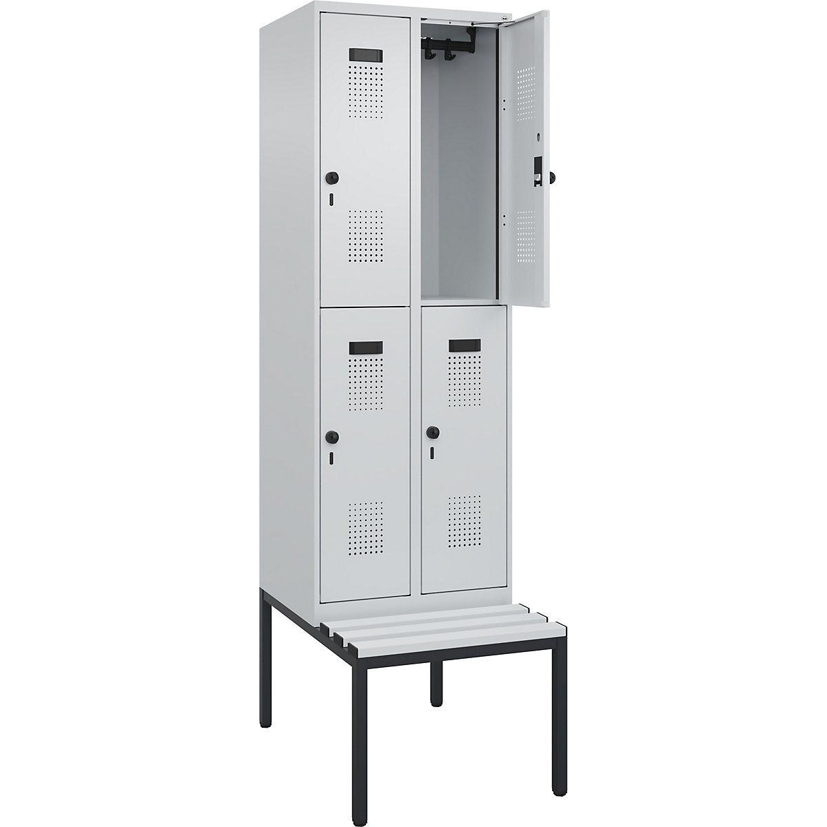 Cacifo de dois andares Evolo PLUS com banco, 2 compartimentos, cinzento claro/cinzento claro, L 600 mm, trinco de segurança rotativo, com banco incorporado, plástico-0