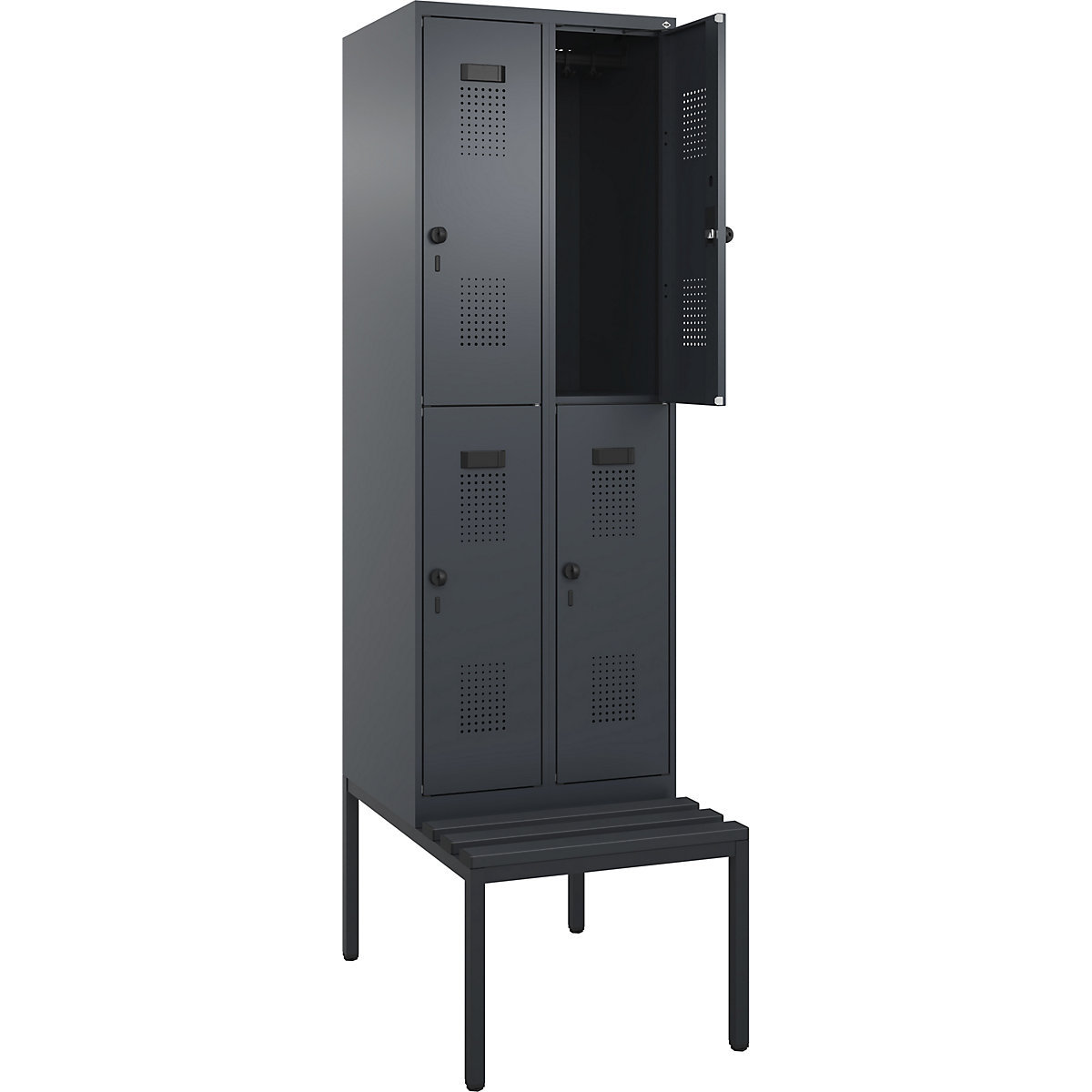 Cacifo de dois andares Evolo PLUS com banco, 2 compartimentos, cinzento, L 600 mm, trinco de segurança rotativo, com banco incorporado, plástico-0