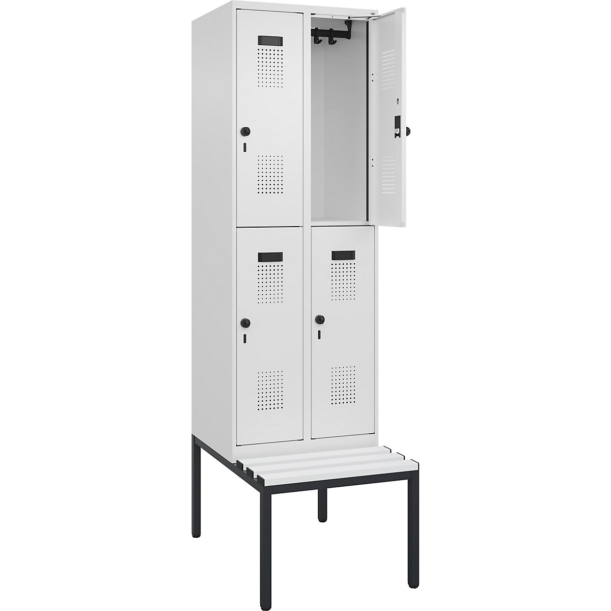 Cacifo de dois andares Evolo PLUS com banco, 2 compartimentos, branco, L 600 mm, trinco de segurança rotativo, com banco incorporado, plástico-0