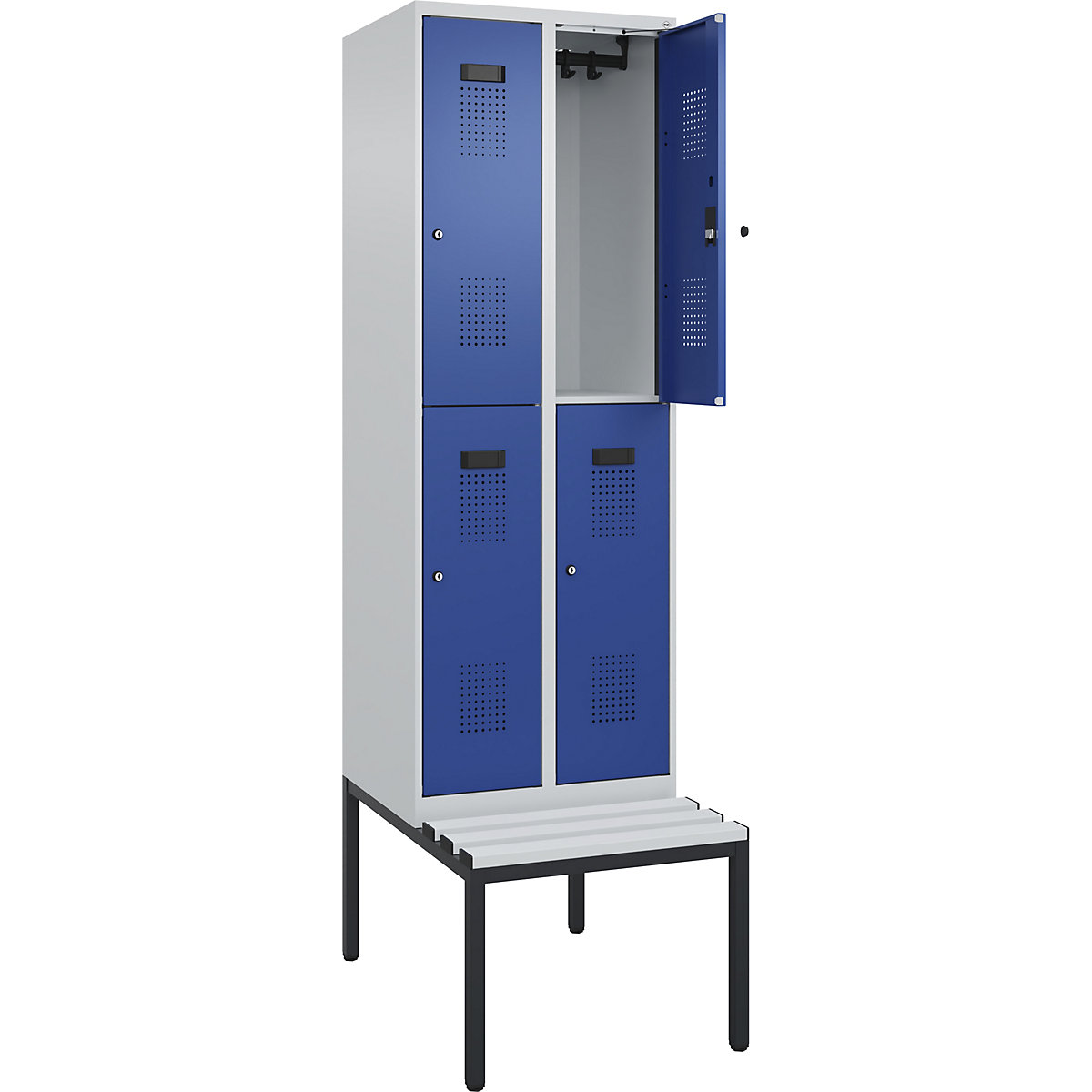 Cacifo de dois andares Evolo PLUS com banco, 2 compartimentos, cinzento claro/azul genciana, L 600 mm, fechadura de cilindro, com banco incorporado, plástico-0