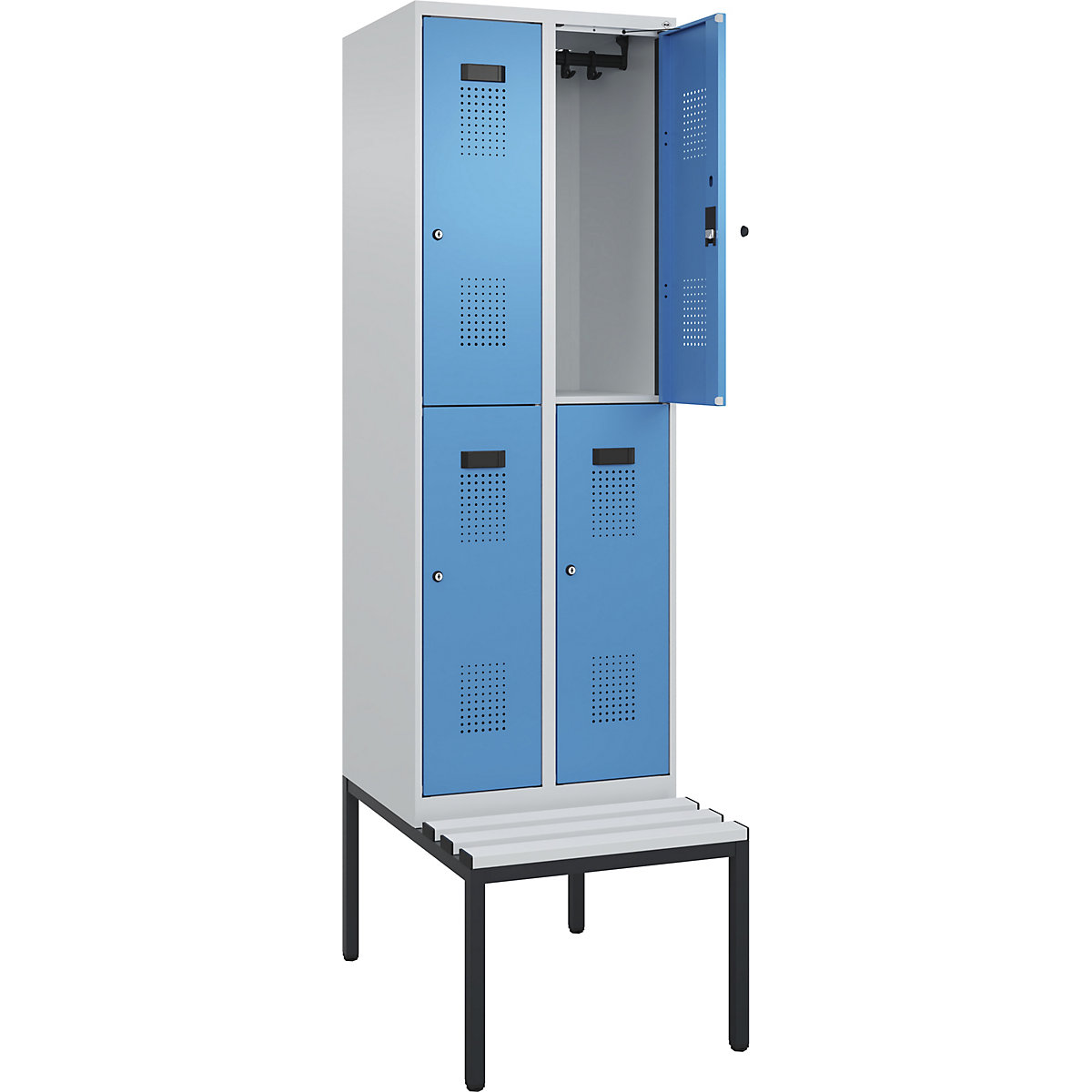 Cacifo de dois andares Evolo PLUS com banco, 2 compartimentos, cinzento claro/azul claro, L 600 mm, fechadura de cilindro, com banco incorporado, plástico-0