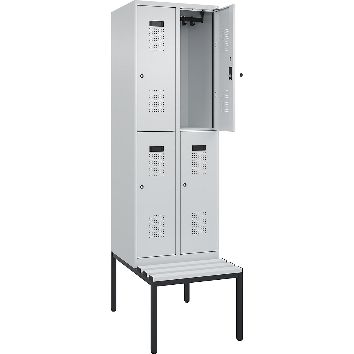Cacifo de dois andares Evolo PLUS com banco, 2 compartimentos, cinzento claro/cinzento claro, L 600 mm, fechadura de cilindro, com banco incorporado, plástico-0