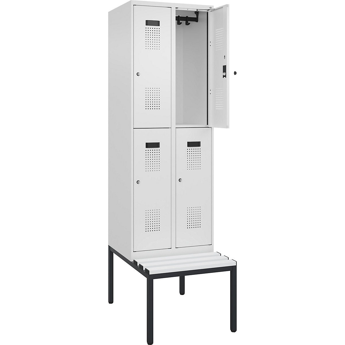 Cacifo de dois andares Evolo PLUS com banco, 2 compartimentos, branco, L 600 mm, fechadura de cilindro, com banco incorporado, plástico-0
