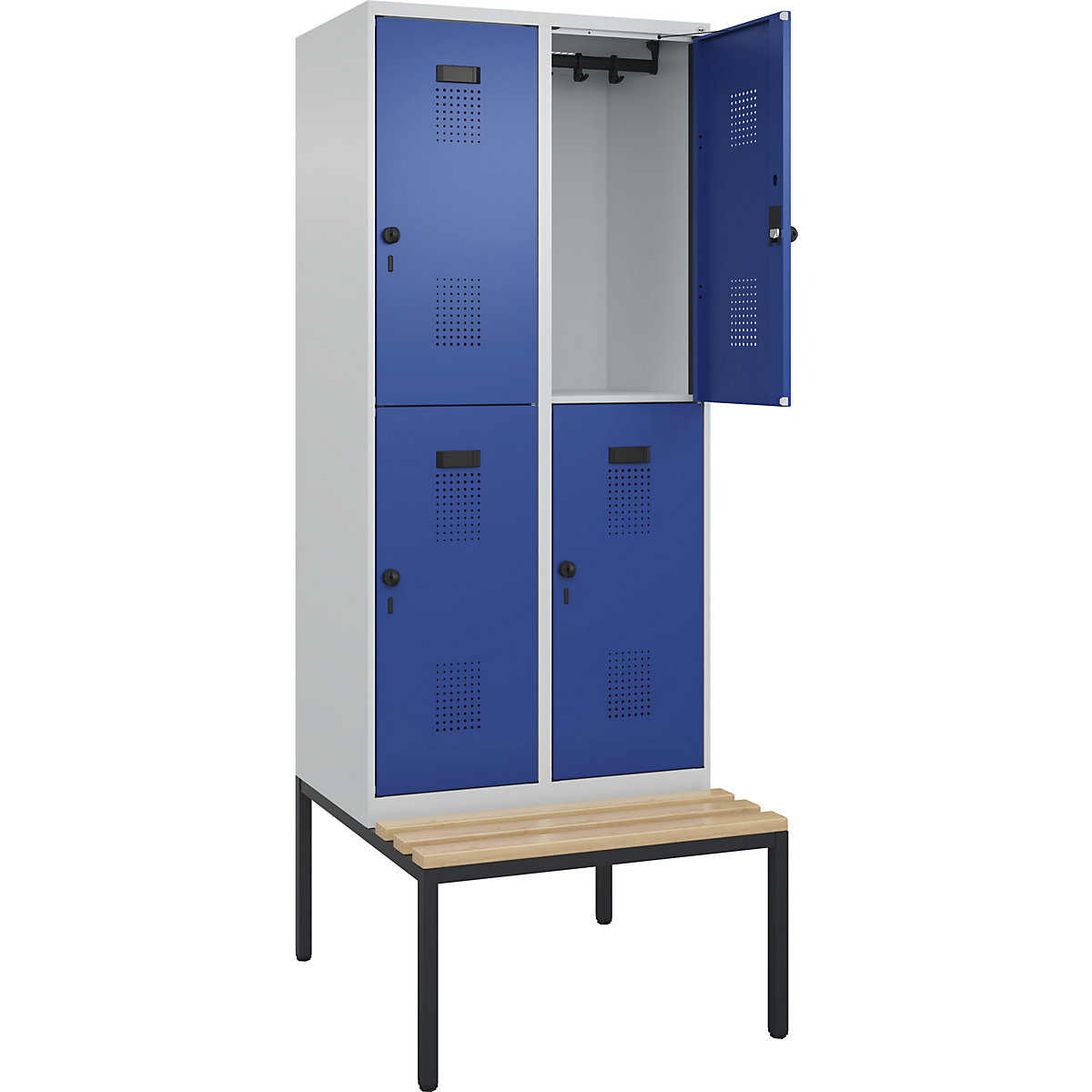 Cacifo de dois andares Evolo PLUS com banco, 2 compartimentos, cinzento claro/azul genciana, L 800 mm, trinco de segurança rotativo, com banco incorporado, faia-0