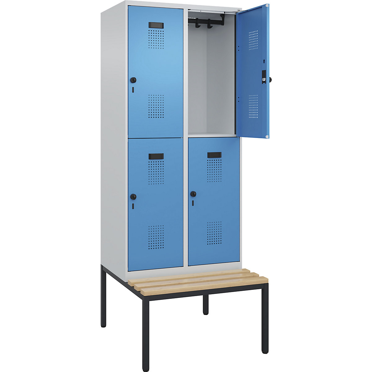 Cacifo de dois andares Evolo PLUS com banco, 2 compartimentos, cinzento claro/azul claro, L 800 mm, trinco de segurança rotativo, com banco incorporado, faia-0