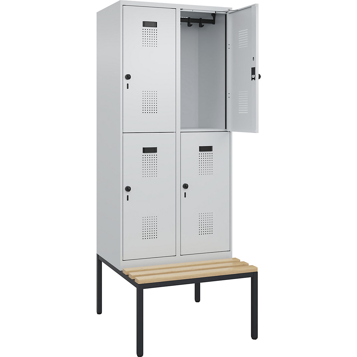 Cacifo de dois andares Evolo PLUS com banco, 2 compartimentos, cinzento claro/cinzento claro, L 800 mm, trinco de segurança rotativo, com banco incorporado, faia-0