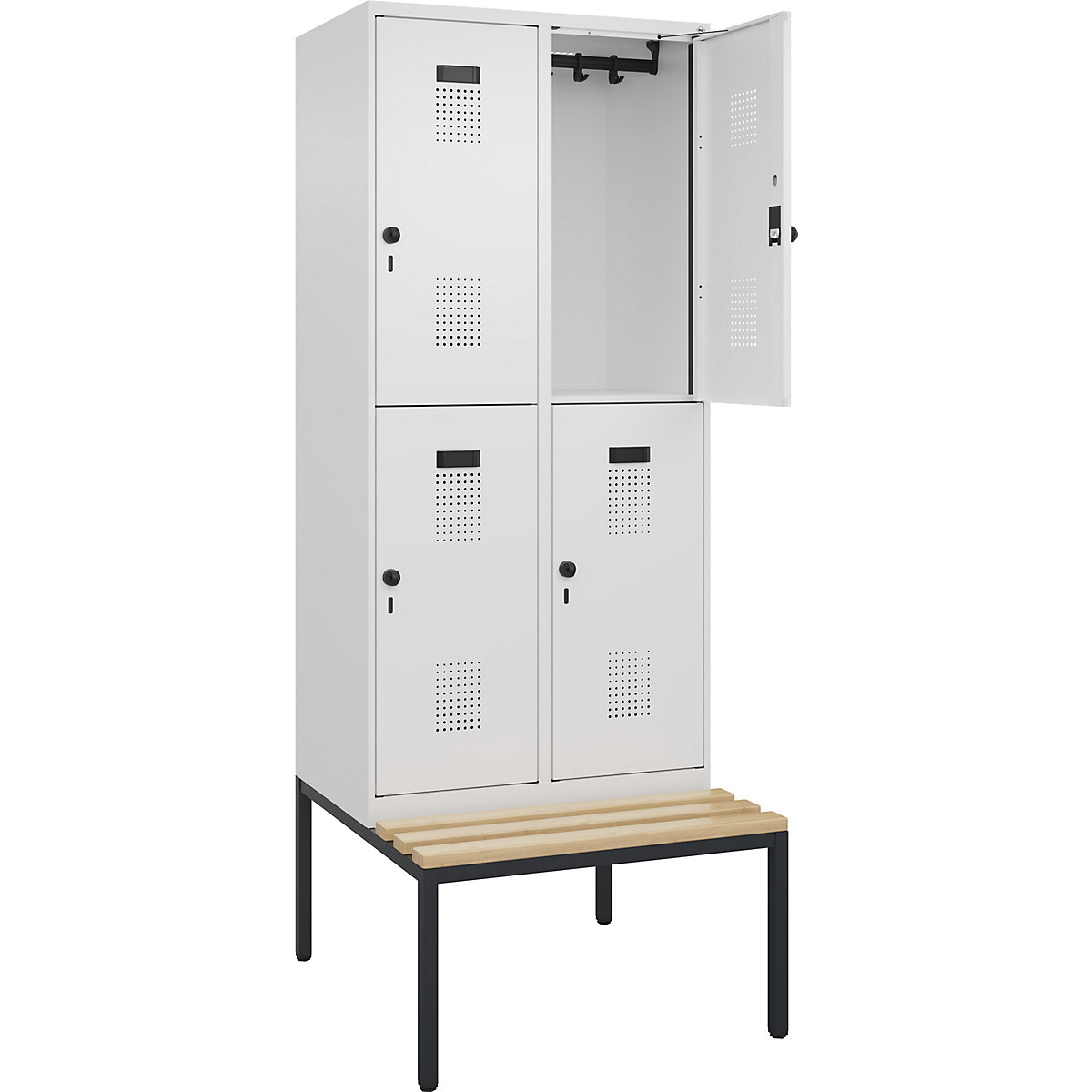 Cacifo de dois andares Evolo PLUS com banco, 2 compartimentos, branco, L 800 mm, trinco de segurança rotativo, com banco incorporado, faia-0