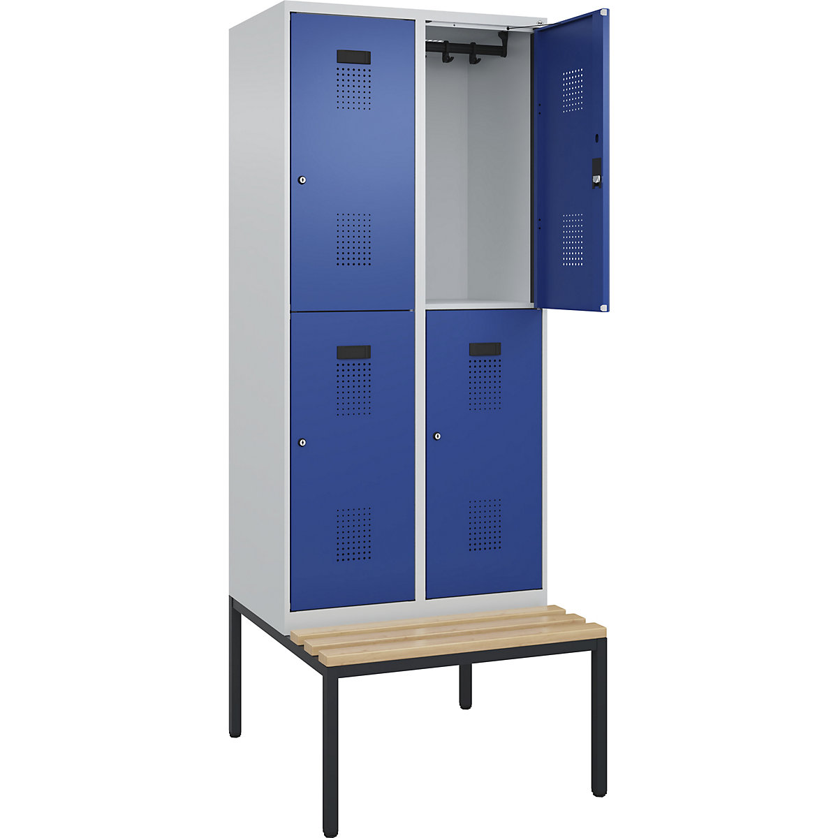 Cacifo de dois andares Evolo PLUS com banco, 2 compartimentos, cinzento claro/azul genciana, L 800 mm, fechadura de cilindro, com banco incorporado, faia-0