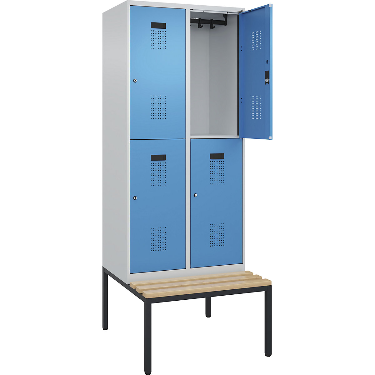 Cacifo de dois andares Evolo PLUS com banco, 2 compartimentos, cinzento claro/azul claro, L 800 mm, fechadura de cilindro, com banco incorporado, faia-0