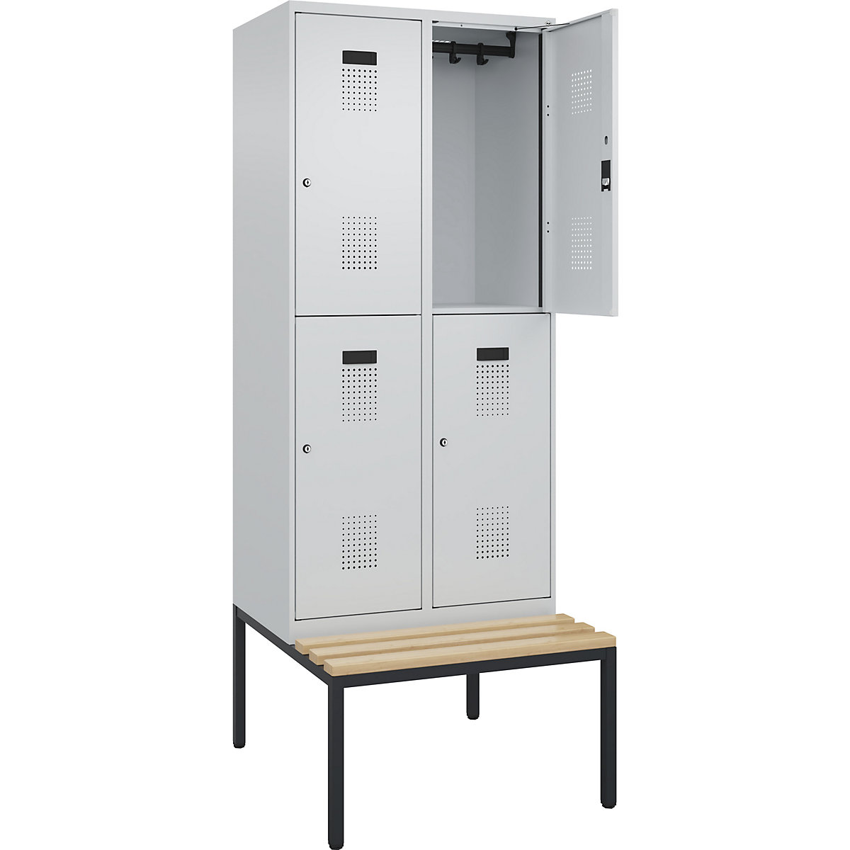 Cacifo de dois andares Evolo PLUS com banco, 2 compartimentos, cinzento claro/cinzento claro, L 800 mm, fechadura de cilindro, com banco incorporado, faia-0