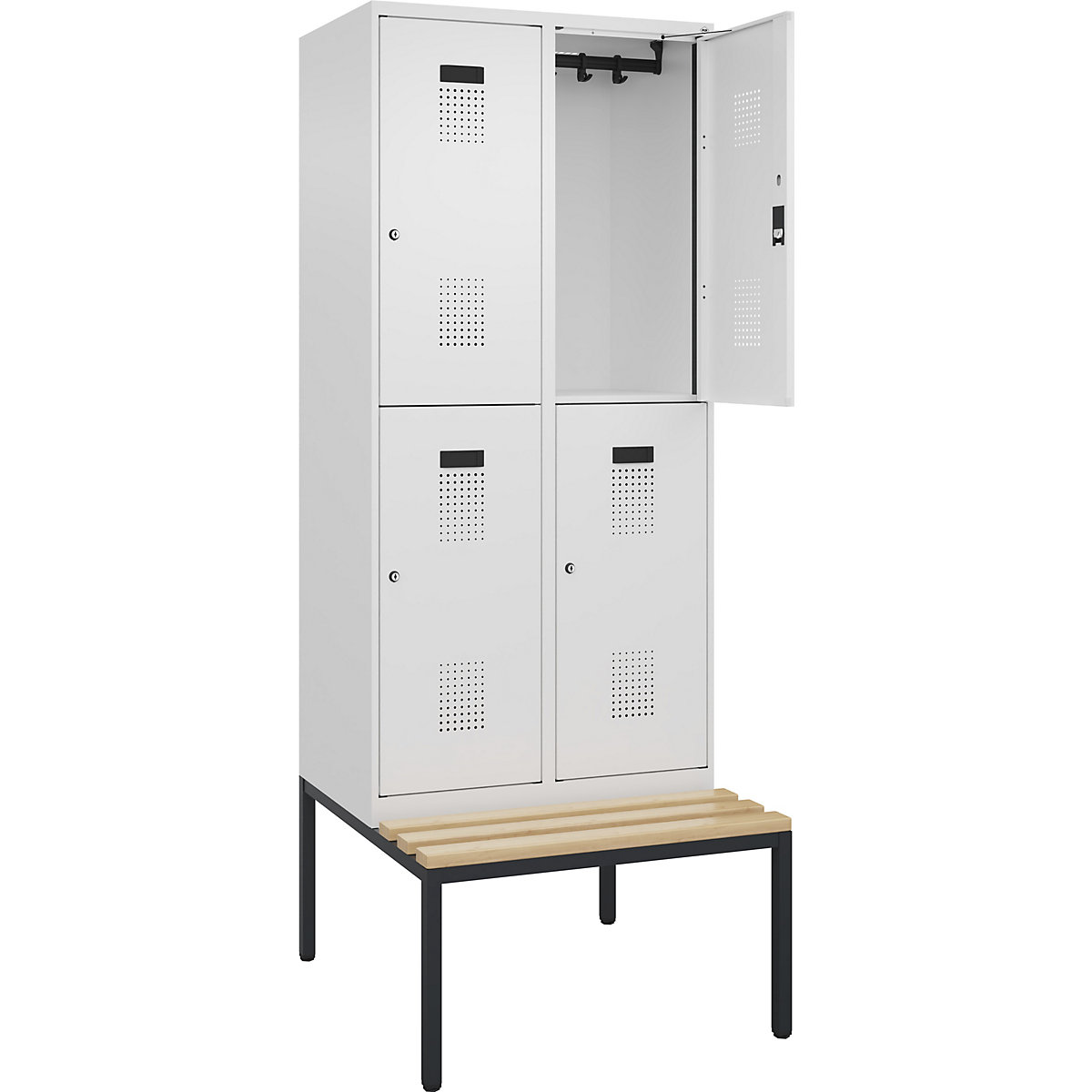 Cacifo de dois andares Evolo PLUS com banco, 2 compartimentos, branco, L 800 mm, fechadura de cilindro, com banco incorporado, faia-0