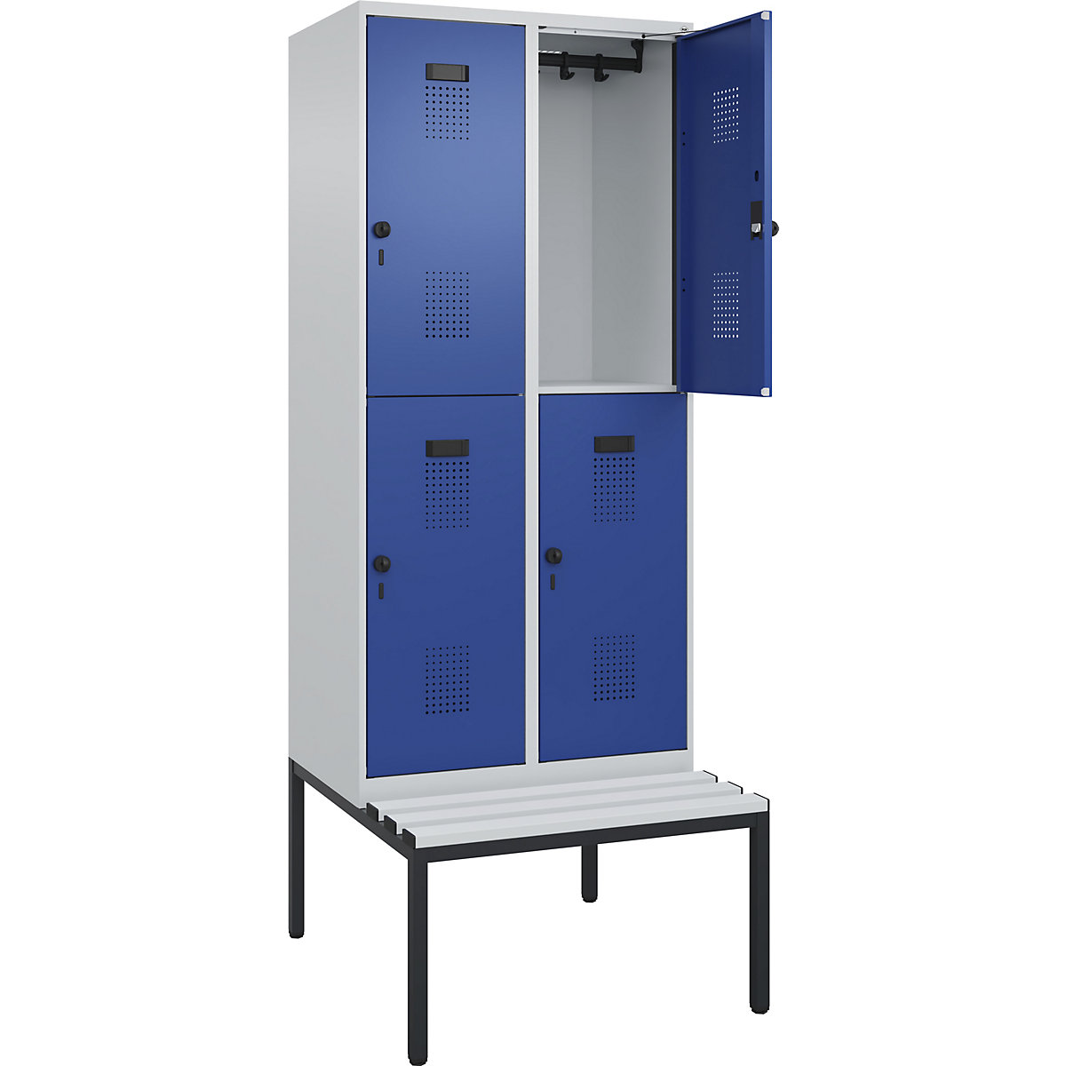 Cacifo de dois andares Evolo PLUS com banco, 2 compartimentos, cinzento claro/azul genciana, L 800 mm, trinco de segurança rotativo, com banco incorporado, plástico-0