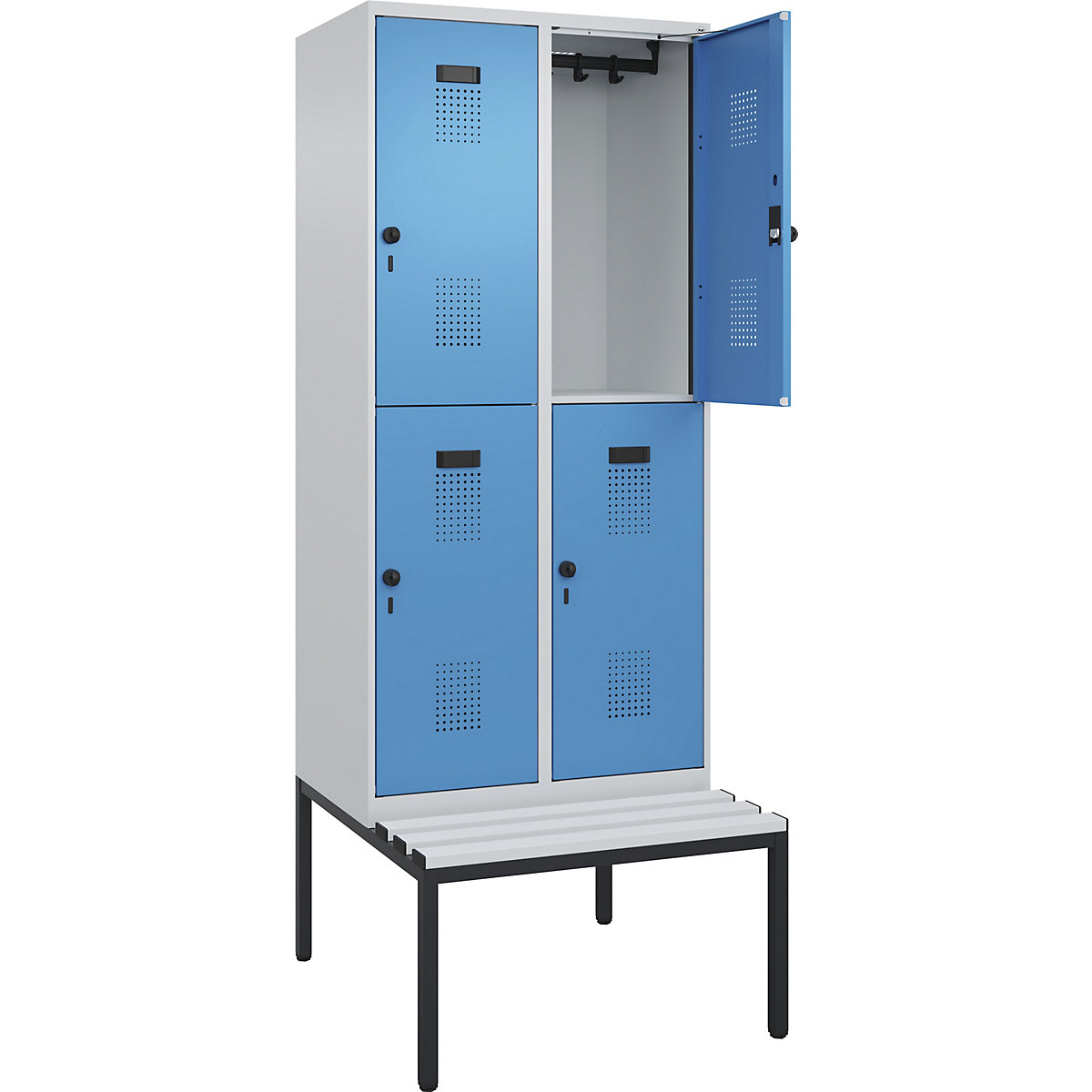Cacifo de dois andares Evolo PLUS com banco, 2 compartimentos, cinzento claro/azul claro, L 800 mm, trinco de segurança rotativo, com banco incorporado, plástico-0