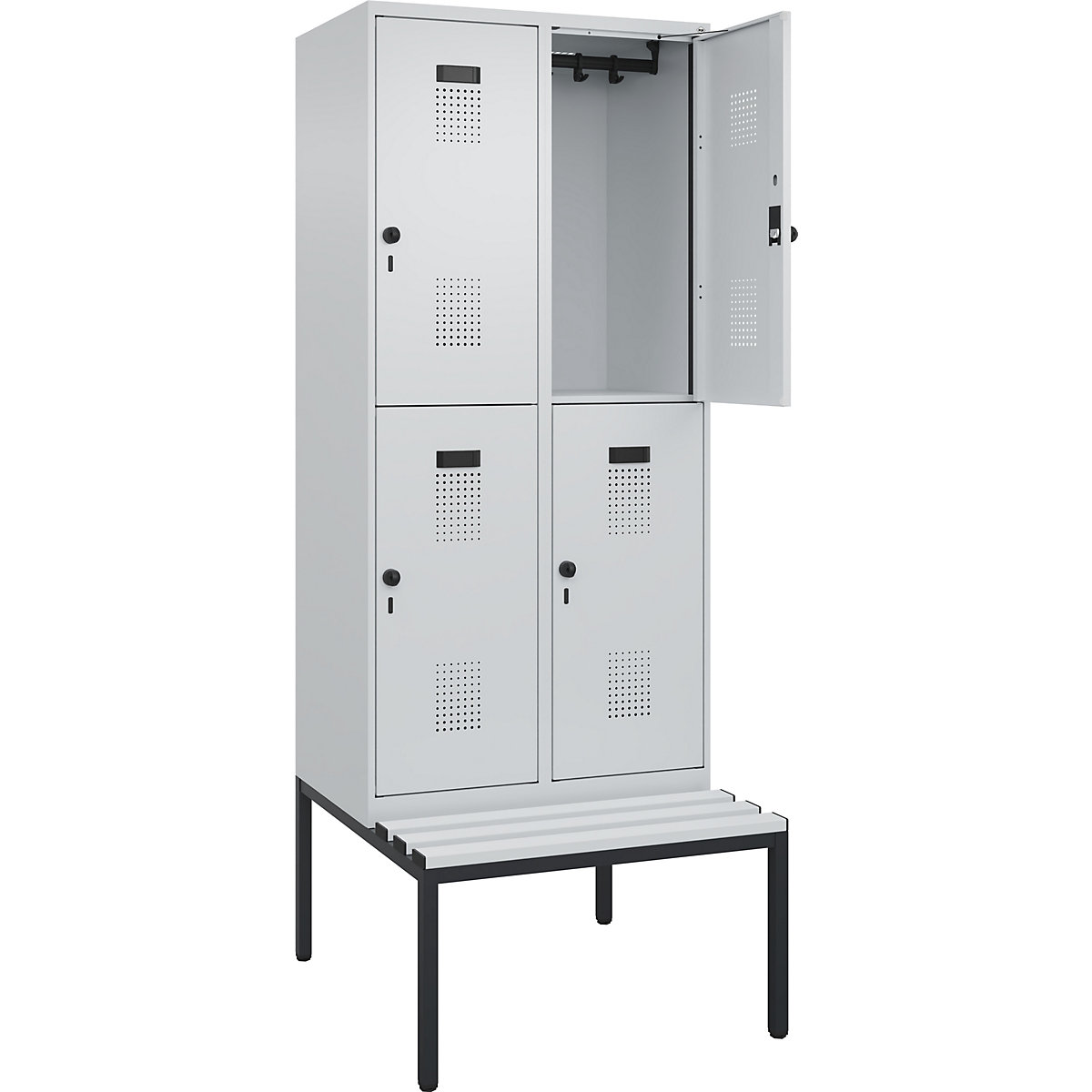 Cacifo de dois andares Evolo PLUS com banco, 2 compartimentos, cinzento claro/cinzento claro, L 800 mm, trinco de segurança rotativo, com banco incorporado, plástico-0