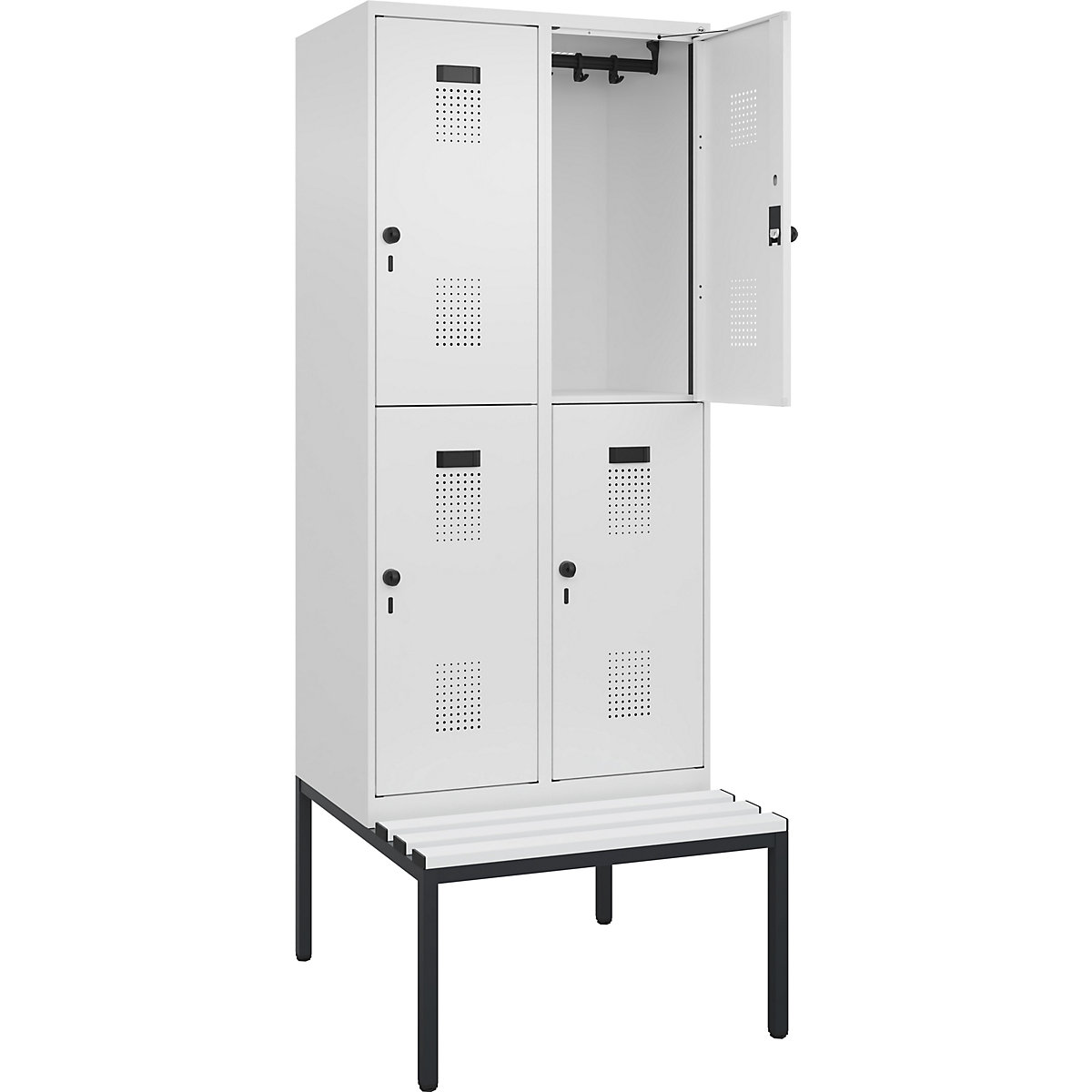 Cacifo de dois andares Evolo PLUS com banco, 2 compartimentos, branco, L 800 mm, trinco de segurança rotativo, com banco incorporado, plástico-0