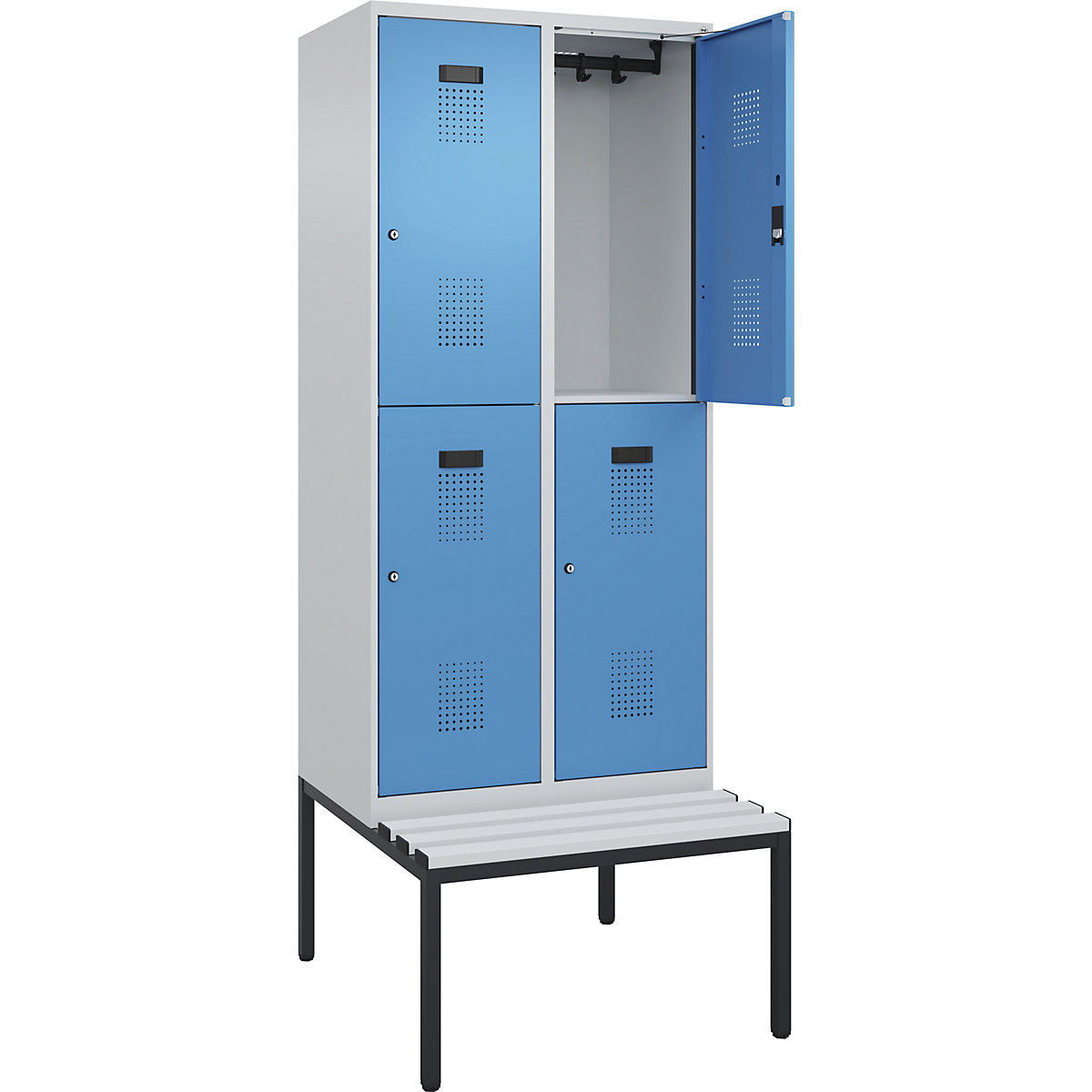 Cacifo de dois andares Evolo PLUS com banco, 2 compartimentos, cinzento claro/azul claro, L 800 mm, fechadura de cilindro, com banco incorporado, plástico-0