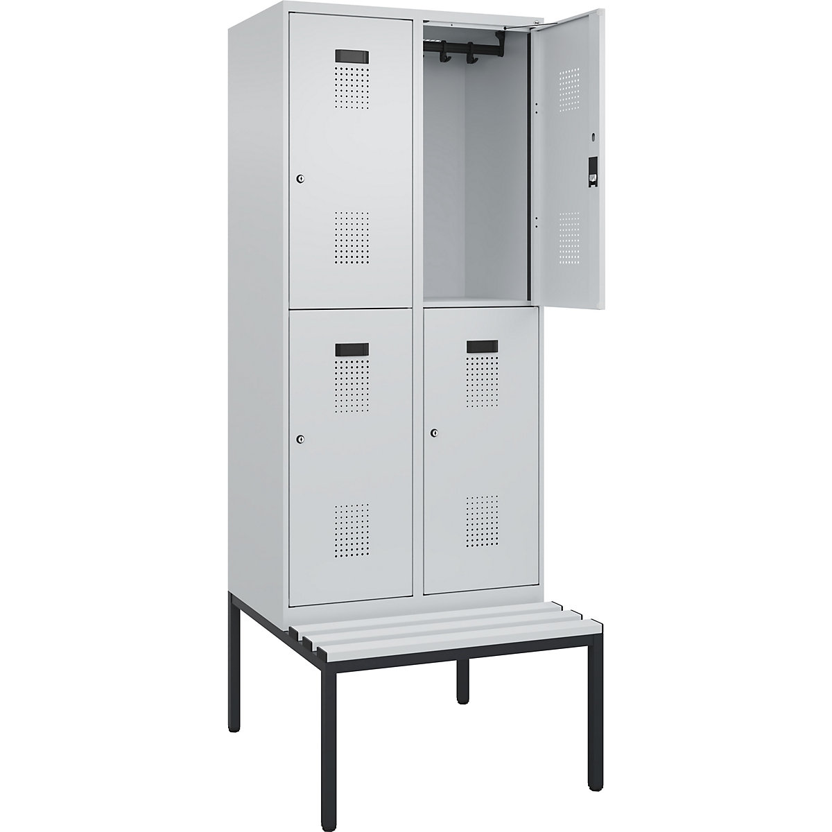 Cacifo de dois andares Evolo PLUS com banco, 2 compartimentos, cinzento claro/cinzento claro, L 800 mm, fechadura de cilindro, com banco incorporado, plástico-0