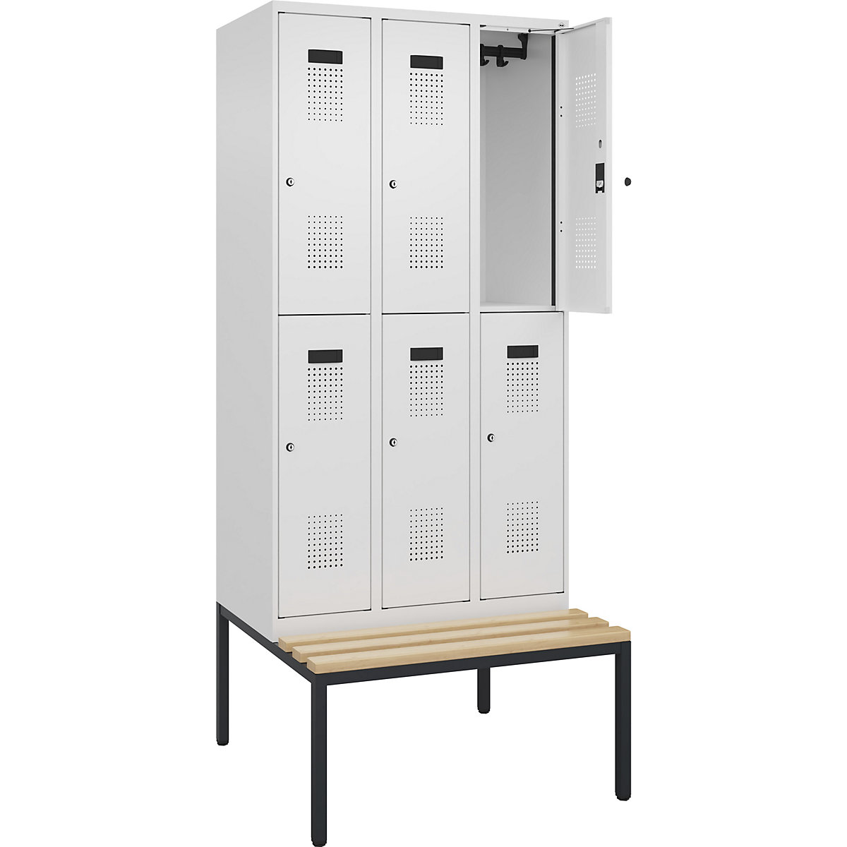 Cacifo de dois andares Evolo PLUS com banco, 3 compartimentos, branco, L 900 mm, fechadura de cilindro, com banco incorporado, faia-0