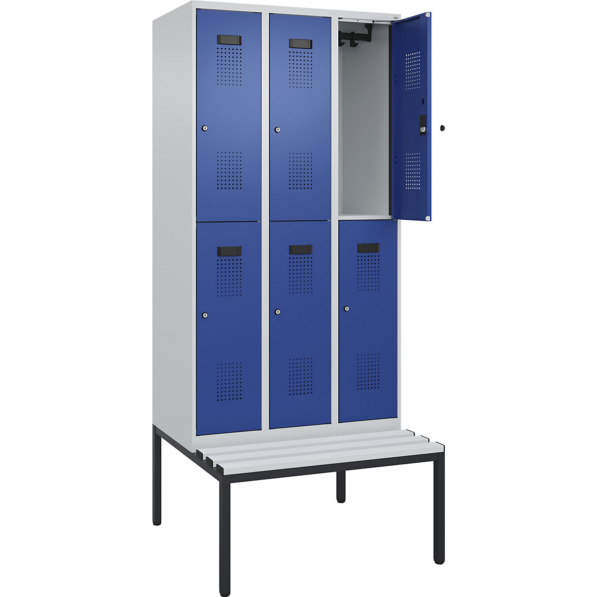 Cacifo de dois andares Evolo PLUS com banco, 3 compartimentos, cinzento claro/azul genciana, L 900 mm, fechadura de cilindro, com banco incorporado, plástico-0