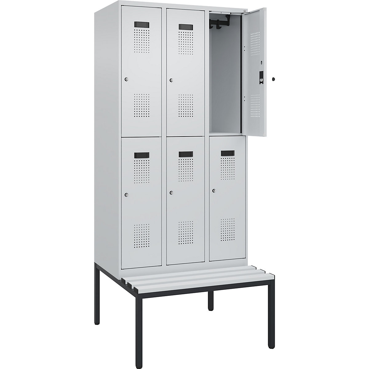 Cacifo de dois andares Evolo PLUS com banco, 3 compartimentos, cinzento claro/cinzento claro, L 900 mm, fechadura de cilindro, com banco incorporado, plástico-0