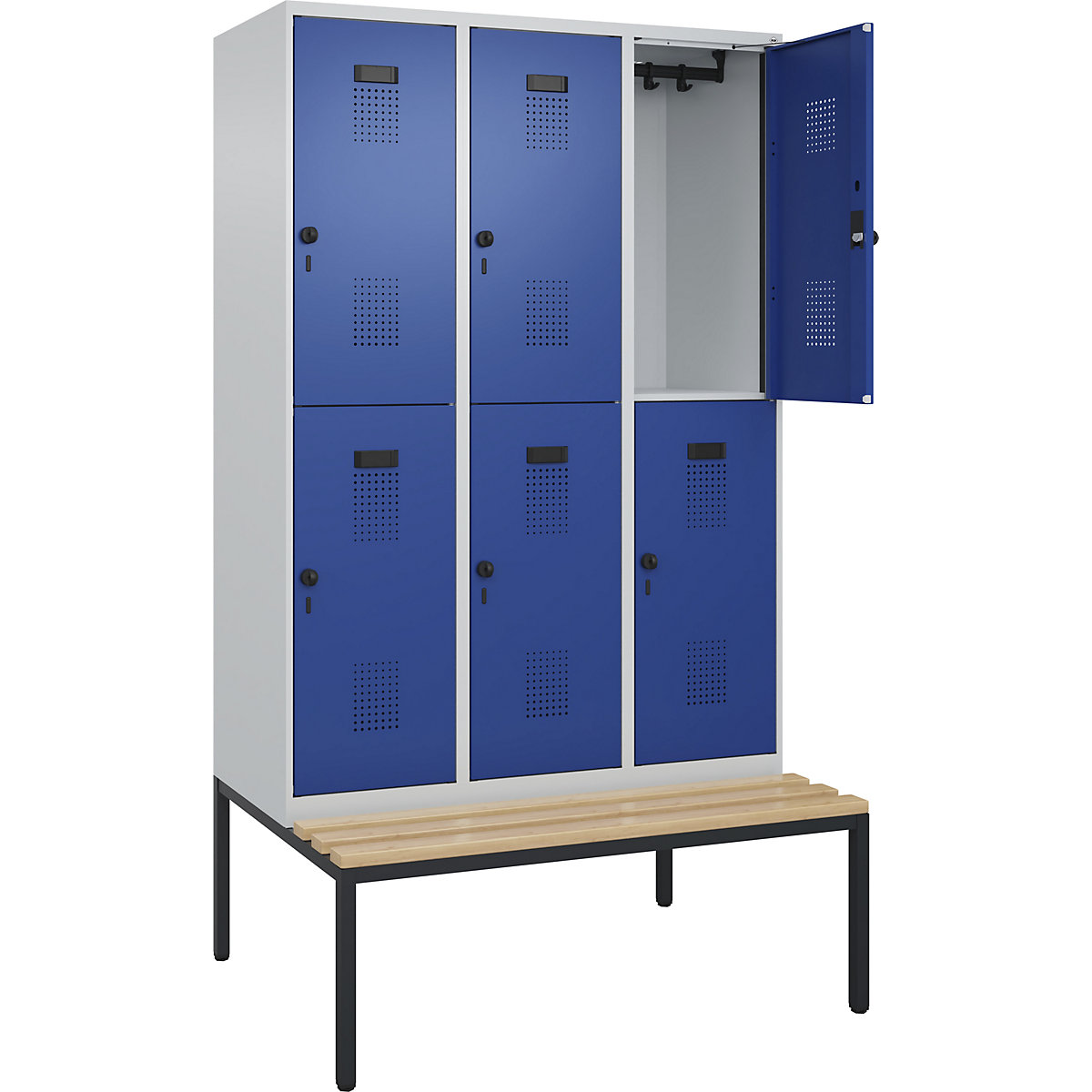 Cacifo de dois andares Evolo PLUS com banco, 3 compartimentos, cinzento claro/azul genciana, L 1200 mm, trinco de segurança rotativo, com banco incorporado, faia-0