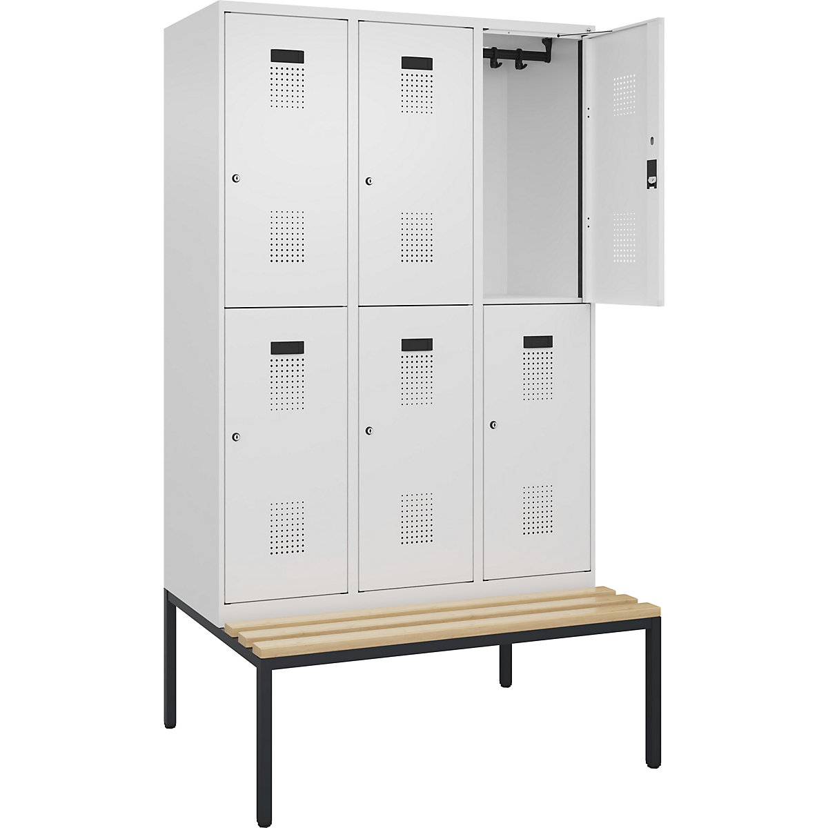 Cacifo de dois andares Evolo PLUS com banco, 3 compartimentos, branco, L 1200 mm, fechadura de cilindro, com banco incorporado, faia-0