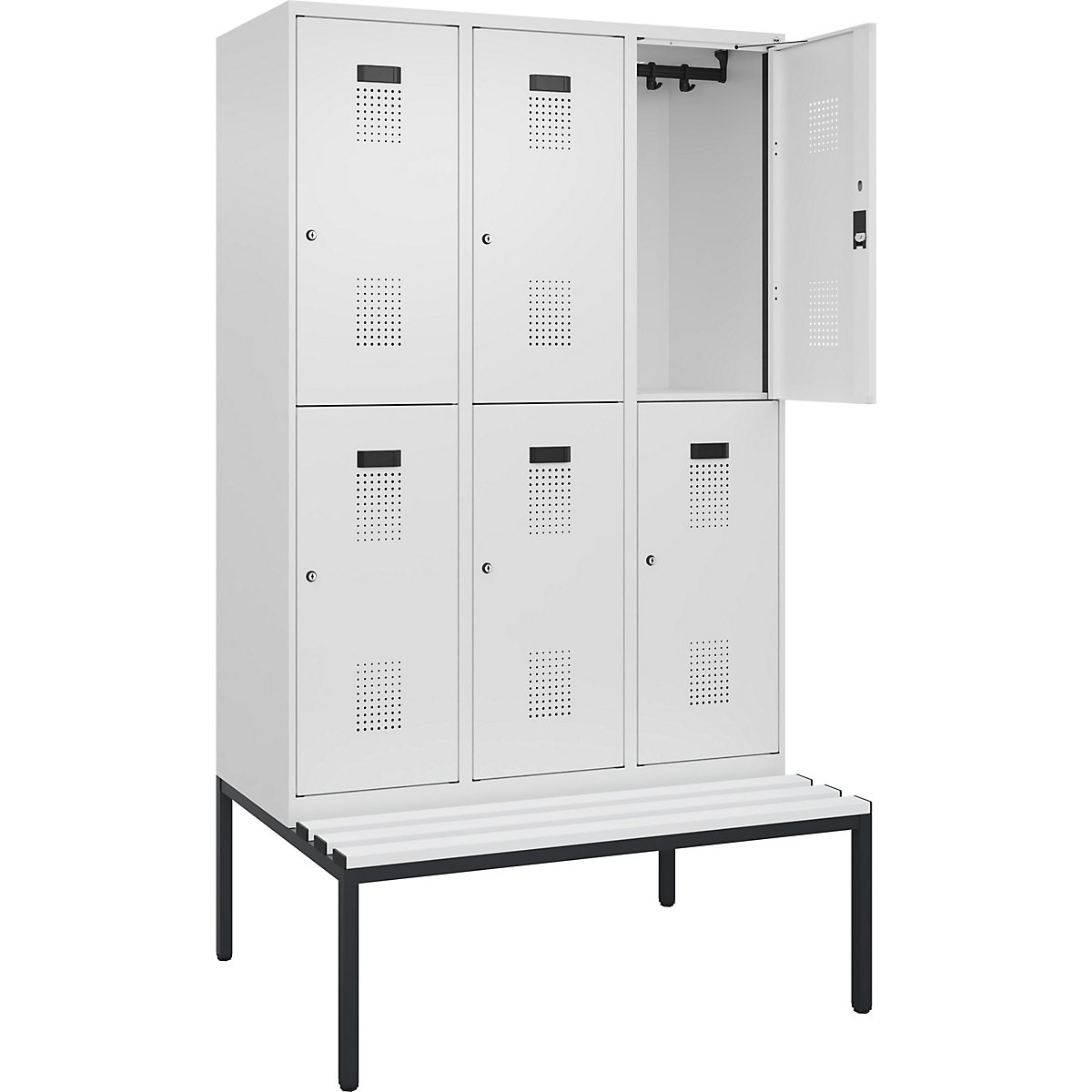 Cacifo de dois andares Evolo PLUS com banco, 3 compartimentos, branco, L 1200 mm, fechadura de cilindro, com banco incorporado, plástico-0