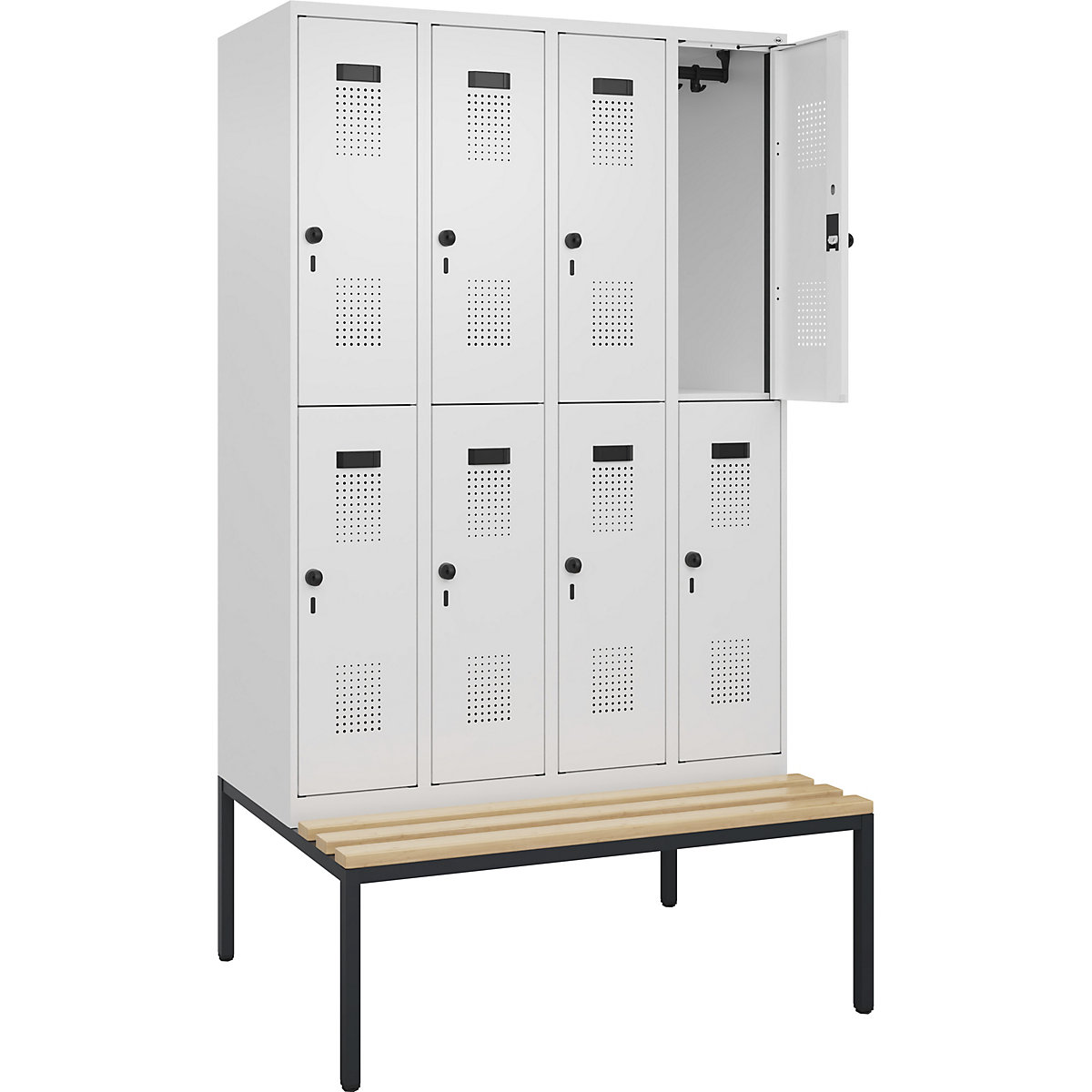Cacifo de dois andares Evolo PLUS com banco, 4 compartimentos, branco, L 1200 mm, trinco de segurança rotativo, com banco incorporado, faia-0