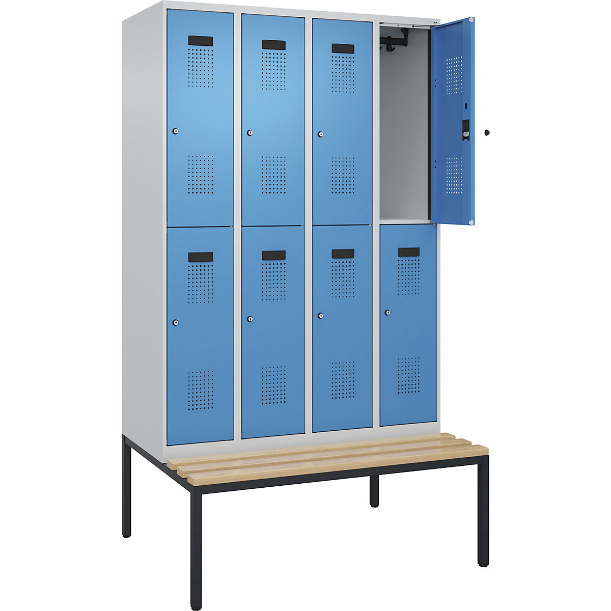 Cacifo de dois andares Evolo PLUS com banco, 4 compartimentos, cinzento claro/azul claro, L 1200 mm, fechadura de cilindro, com banco incorporado, faia-0