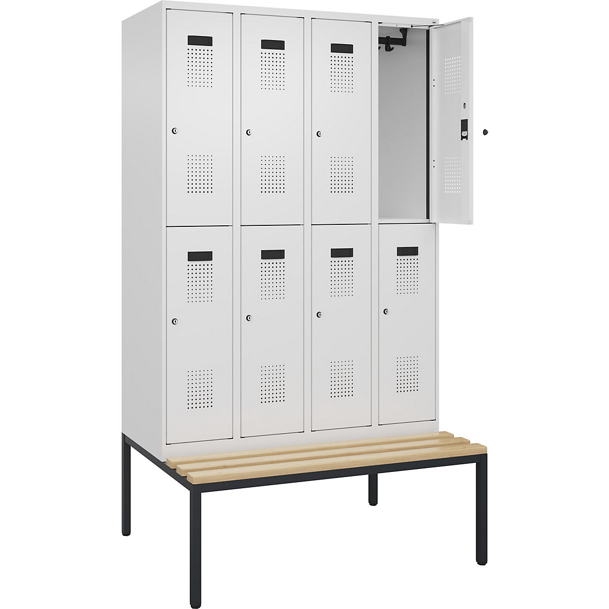 Cacifo de dois andares Evolo PLUS com banco, 4 compartimentos, branco, L 1200 mm, fechadura de cilindro, com banco incorporado, faia-0