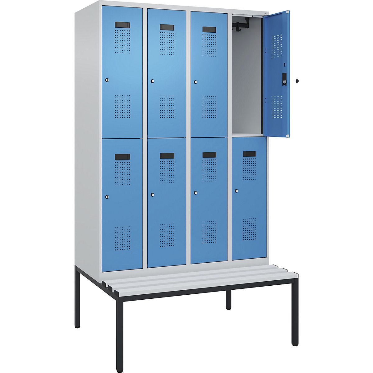 Cacifo de dois andares Evolo PLUS com banco, 4 compartimentos, cinzento claro/azul claro, L 1200 mm, fechadura de cilindro, com banco incorporado, plástico-0