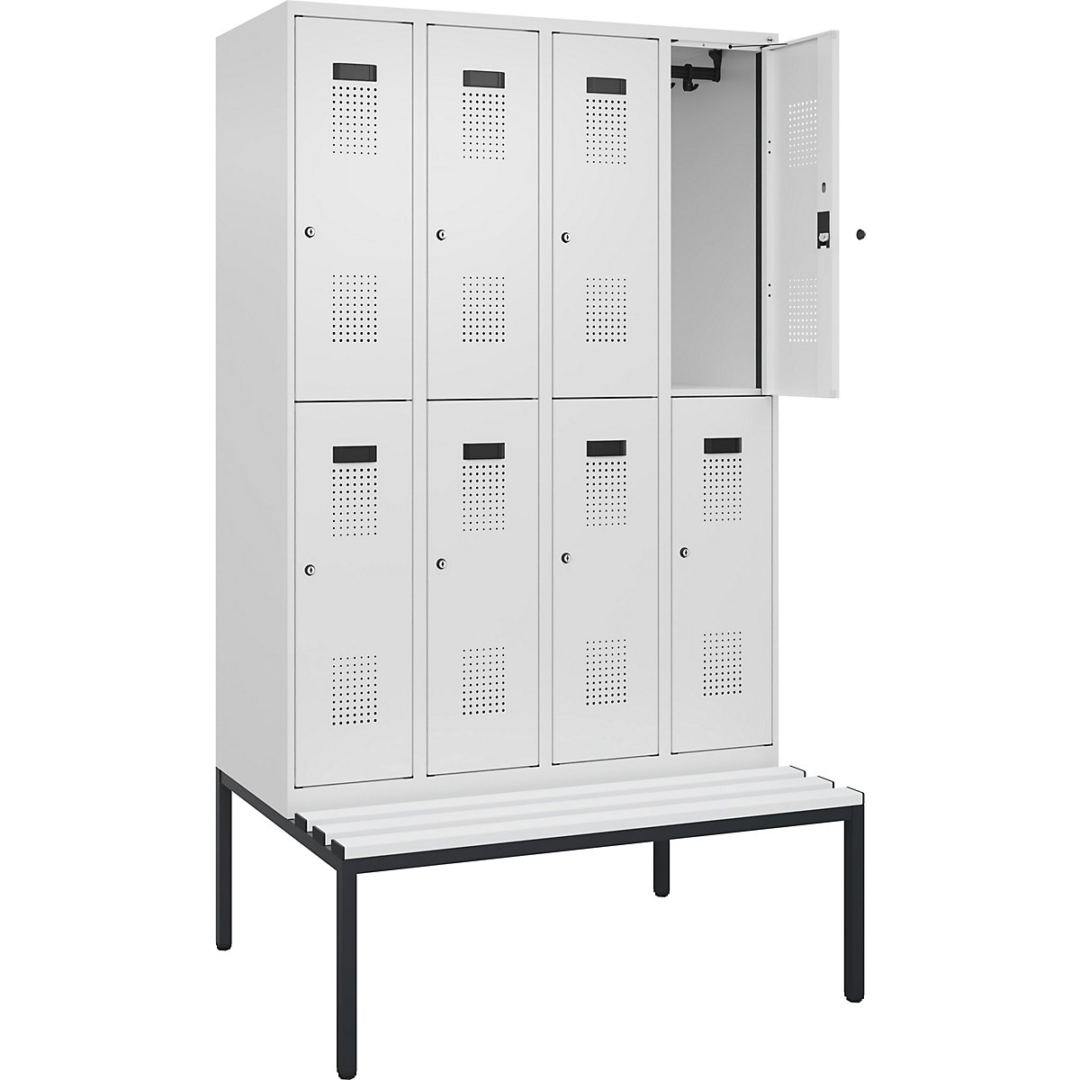 Cacifo de dois andares Evolo PLUS com banco, 4 compartimentos, branco, L 1200 mm, fechadura de cilindro, com banco incorporado, plástico-0